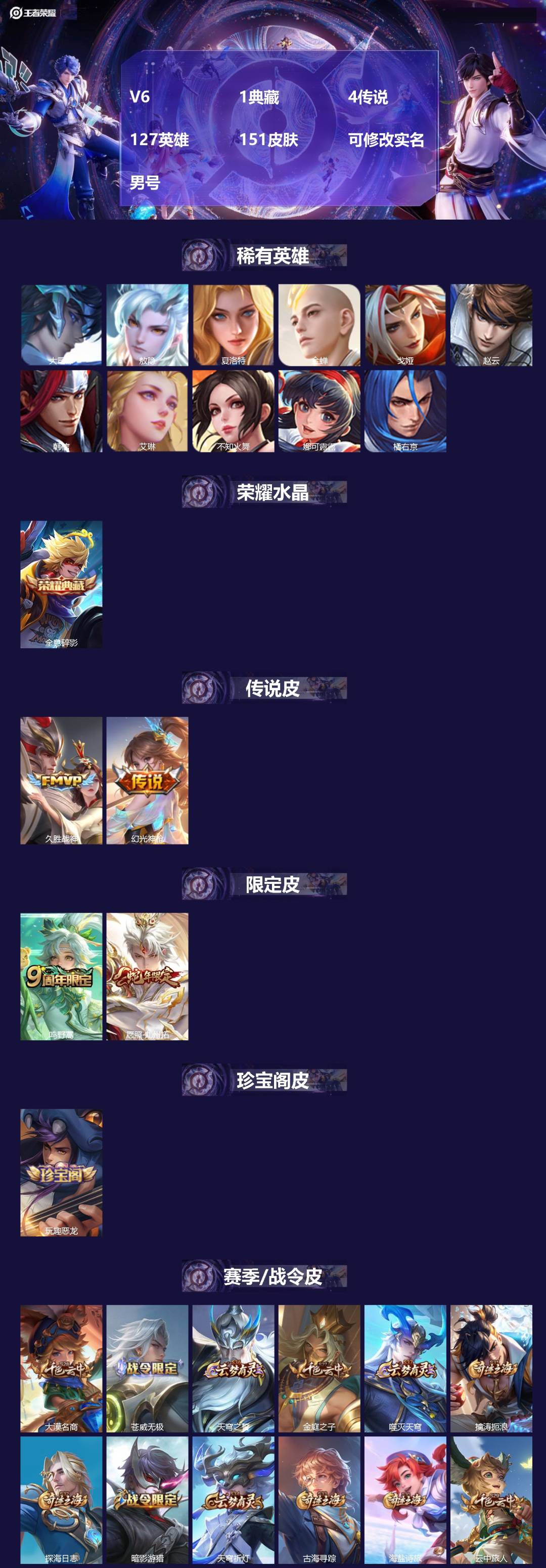 王者荣耀账号苹果QQ[]V6 1典藏 4传说 127英雄 151皮肤 可修改实名 男号 
【英雄全皮】敖隐全皮,空空儿全