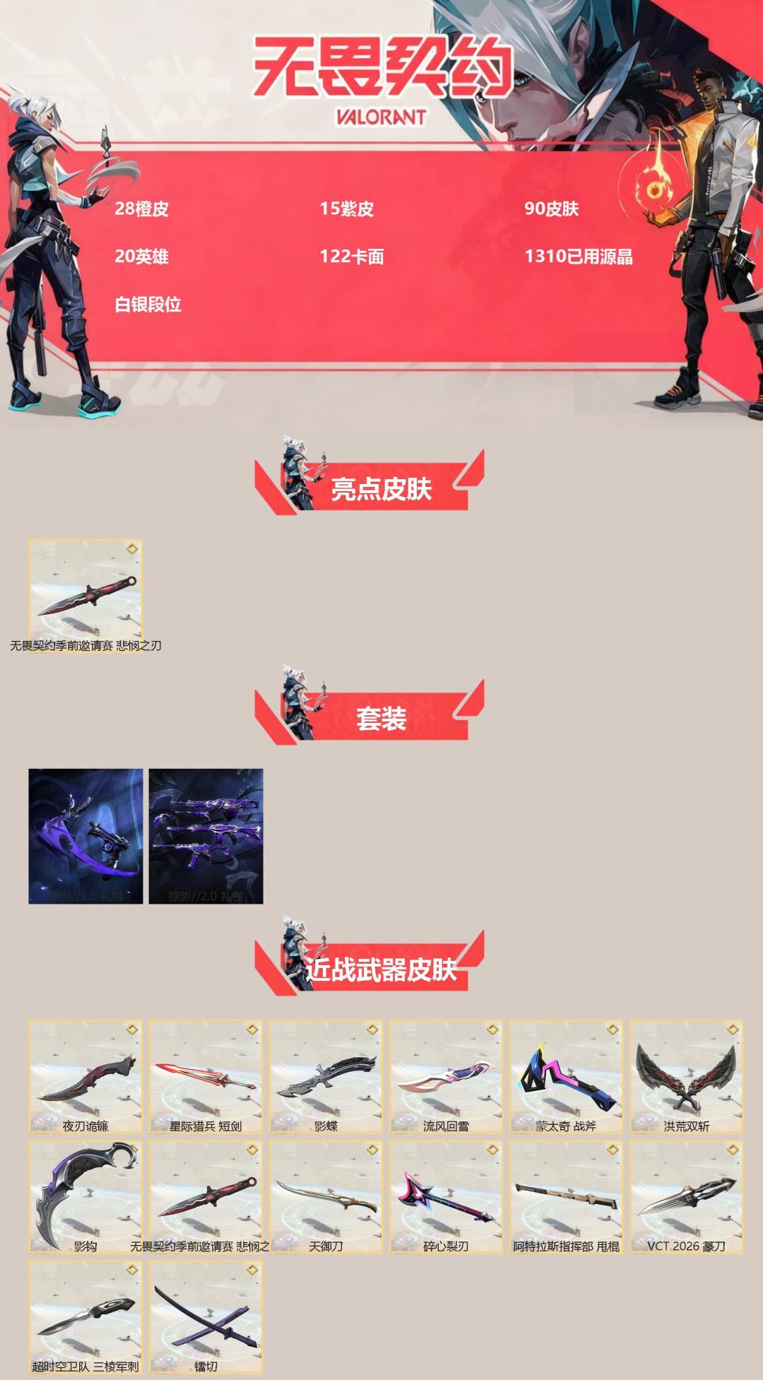 无畏契约账号QQ[]28橙皮 15紫皮 90皮肤 20英雄 122卡面 1310已用源晶 白银段位 
【亮点皮肤】悲