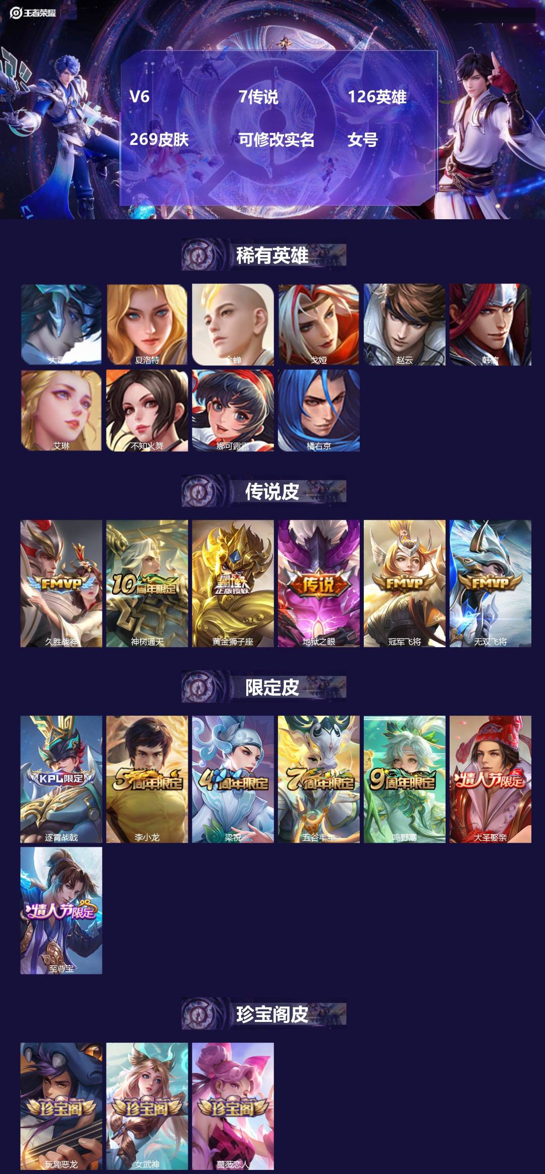 王者荣耀账号安卓QQ[18075826]V6 7传说 126英雄 269皮肤 可修改实名 女号 
【英雄全皮】大禹全皮
