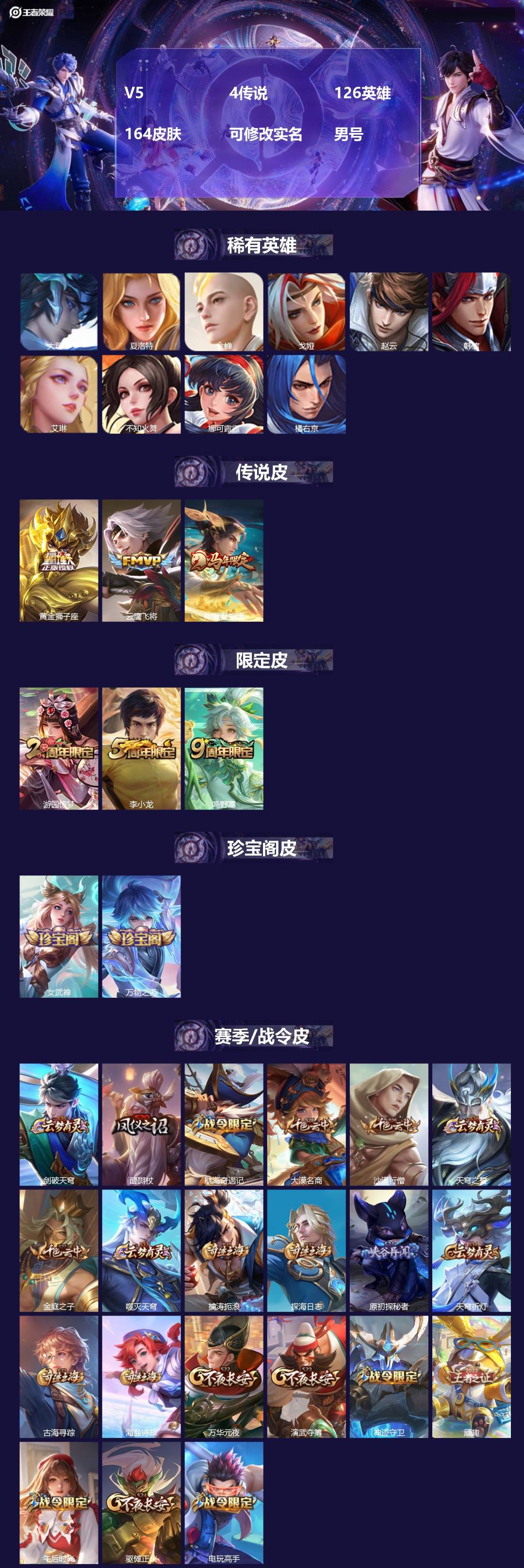 王者荣耀账号安卓QQ[]V5 4传说 126英雄 164皮肤 可修改实名 男号 
【英雄全皮】孙权全皮,蚩奼全皮,大禹全