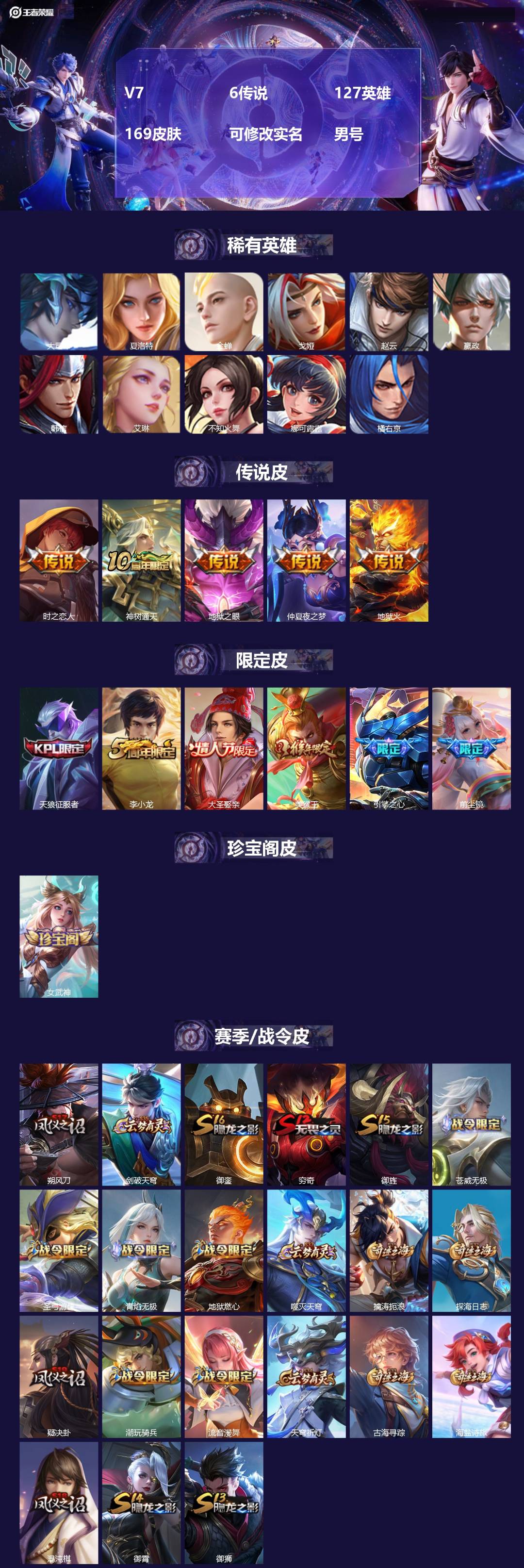 王者荣耀账号苹果QQ[18080578]V7 6传说 127英雄 169皮肤 可修改实名 男号 
【英雄全皮】蚩奼全皮,