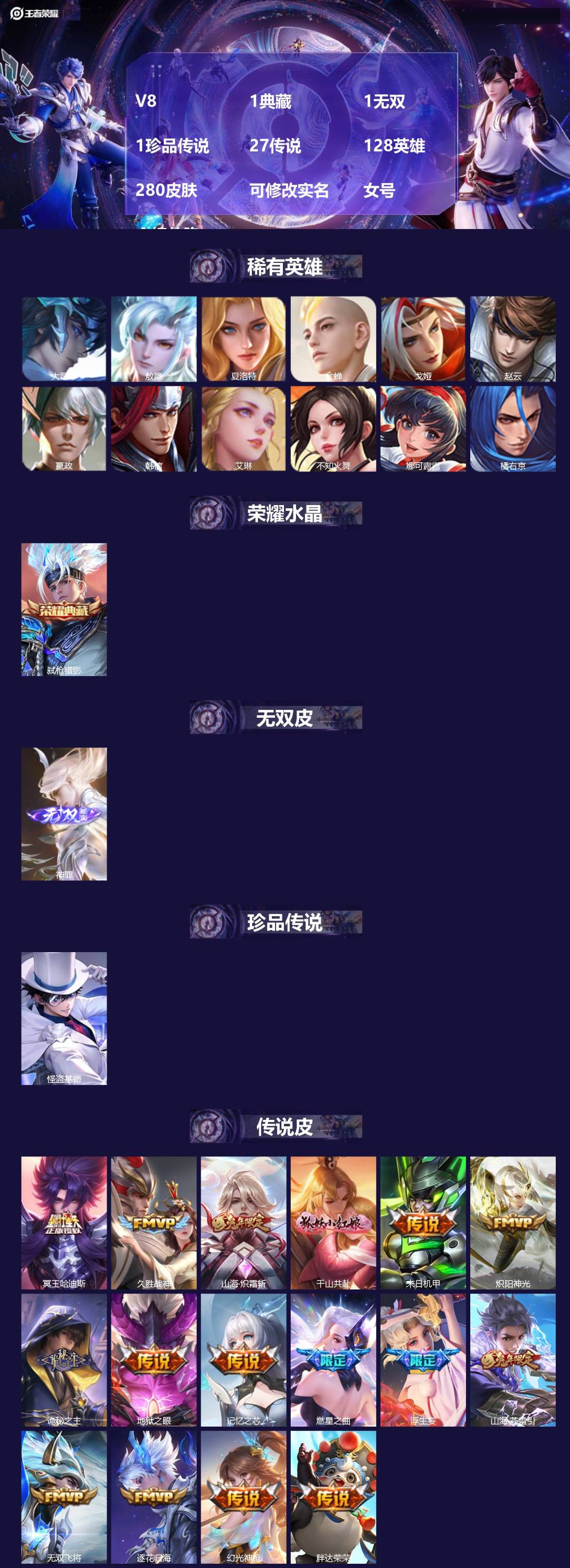 王者荣耀账号安卓QQ[18081419]V8 1典藏 1无双 1珍品传说 27传说 128英雄 280皮肤 可修改实名 