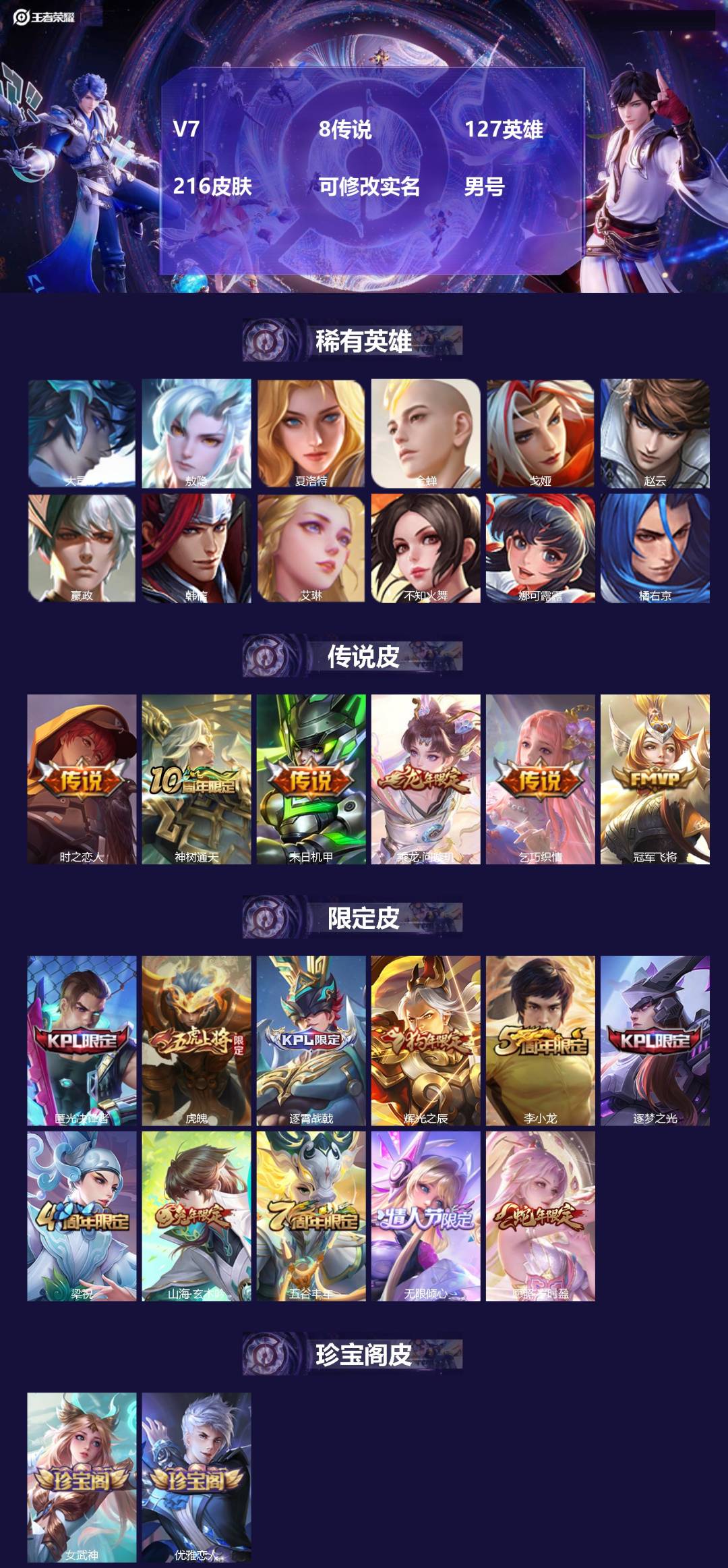 王者荣耀账号安卓QQ[18081734]V7 8传说 127英雄 216皮肤 可修改实名 男号 
【稀有英雄】敖隐(小龙