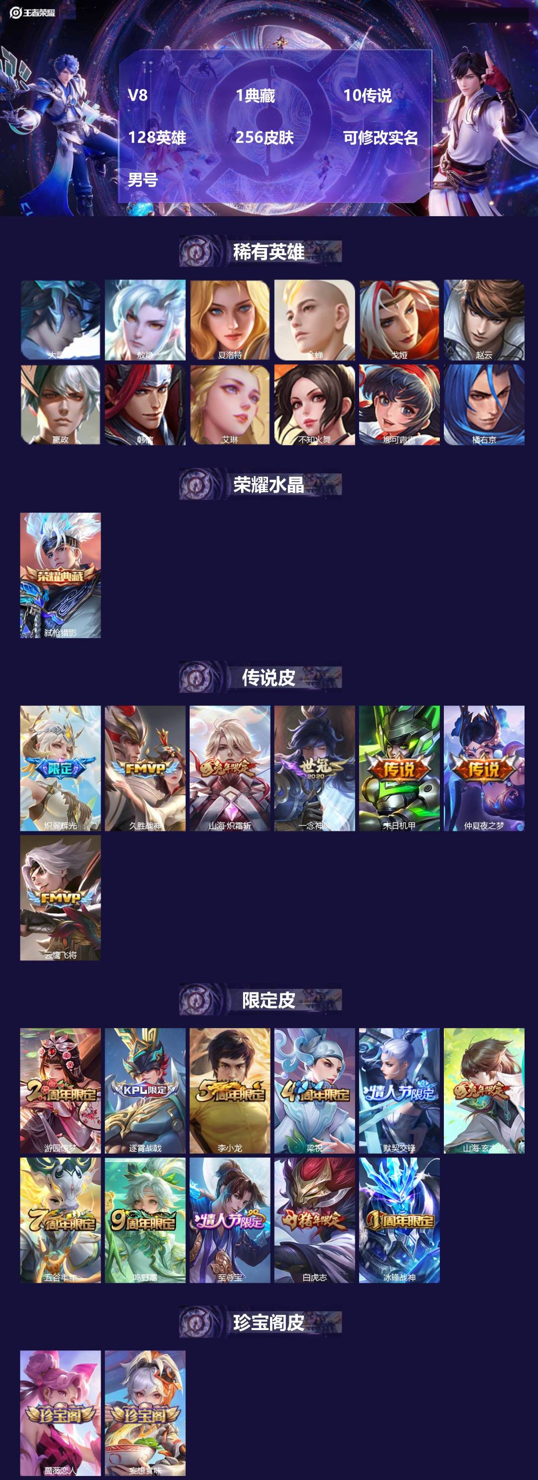王者荣耀账号苹果QQ[18081784]V8 1典藏 10传说 128英雄 256皮肤 可修改实名 男号 
【英雄全皮】