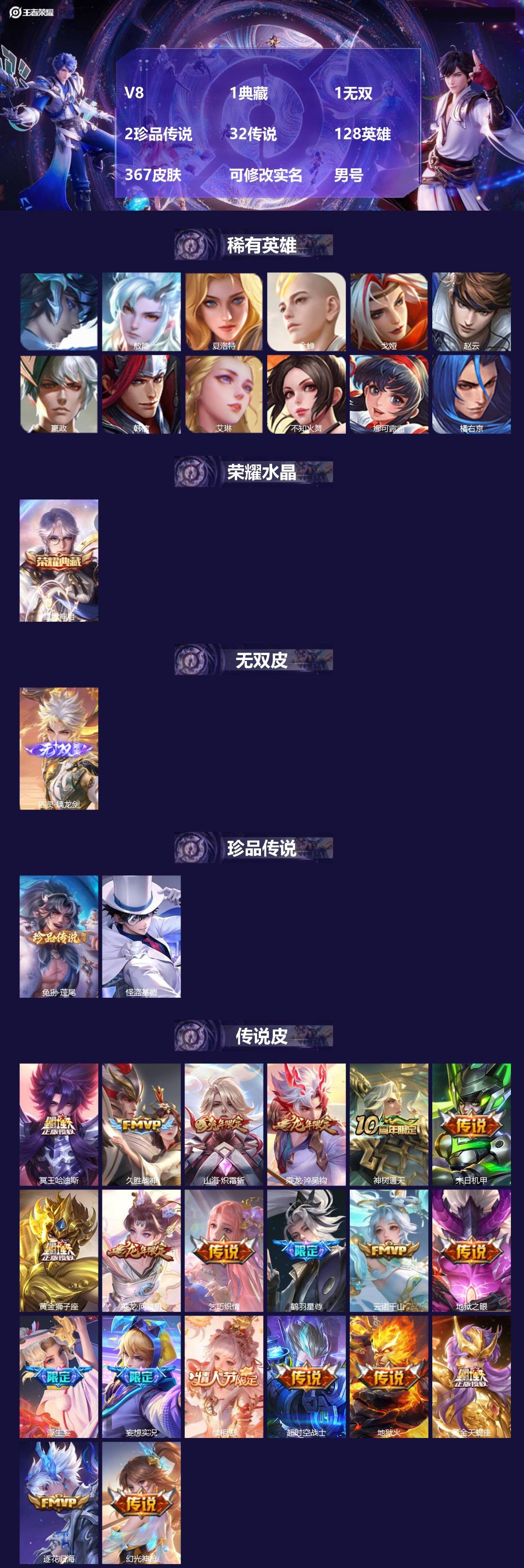 王者荣耀账号苹果QQ[]V8 1典藏 1无双 2珍品传说 32传说 128英雄 367皮肤 可修改实名 男号 
【英雄全