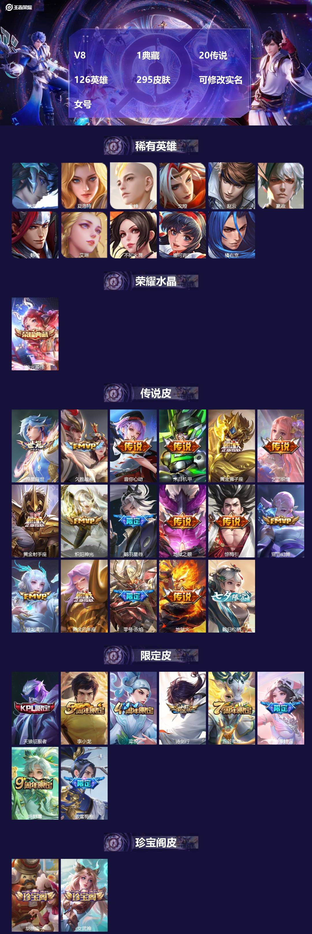 王者荣耀账号安卓QQ[18106363]V8 1典藏 20传说 126英雄 295皮肤 可修改实名 女号 
【英雄全皮】