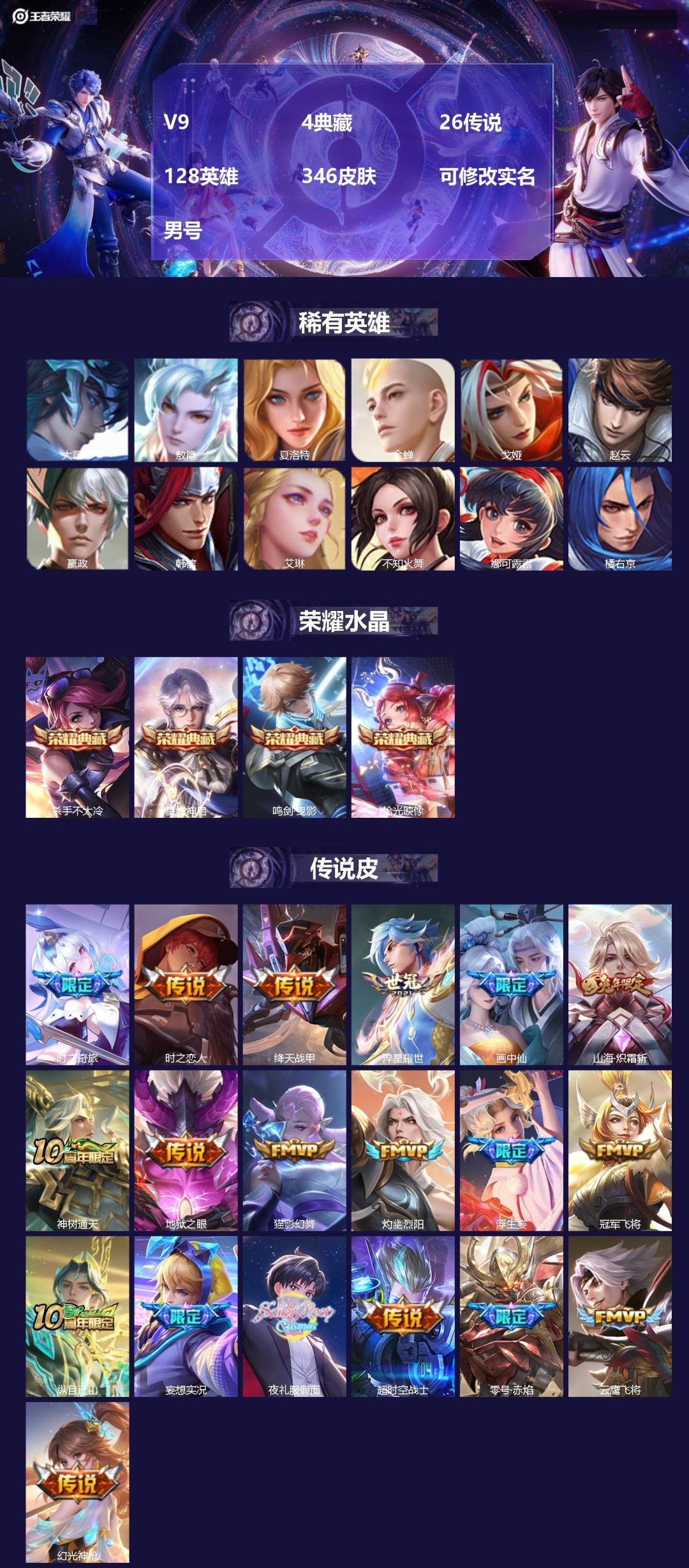 王者荣耀账号安卓QQ[18106702]V9 4典藏 26传说 128英雄 346皮肤 可修改实名 男号 
【英雄全皮】