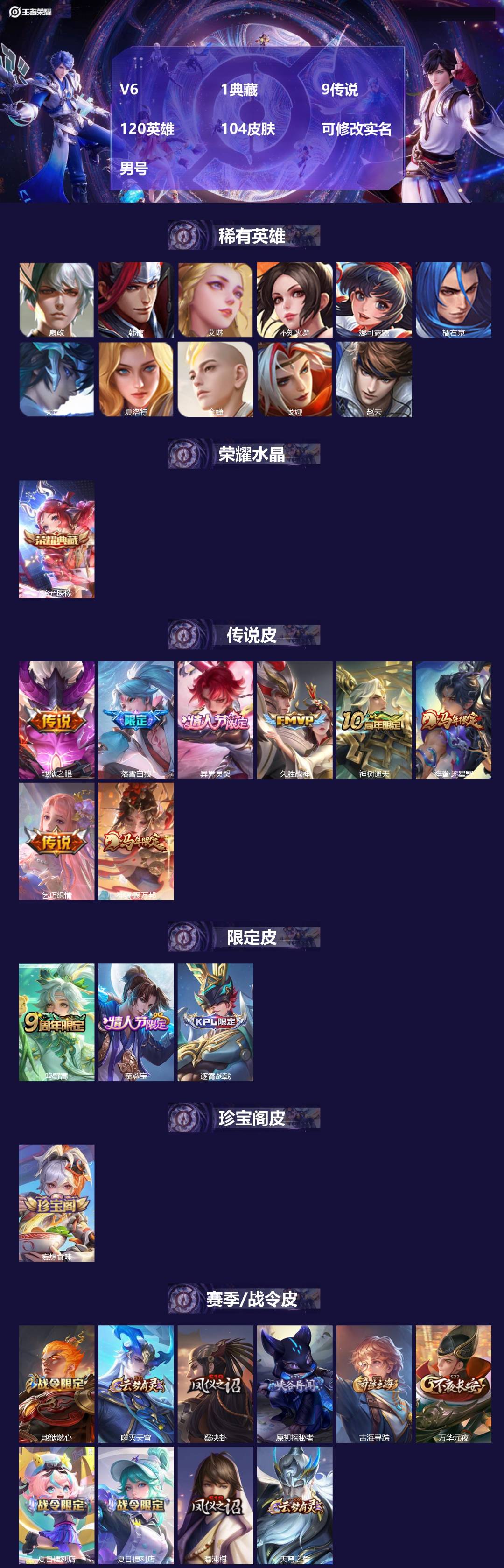 王者荣耀账号安卓QQ[]V6 1典藏 9传说 120英雄 104皮肤 可修改实名 男号 
【英雄全皮】蚩奼全皮,大禹全皮