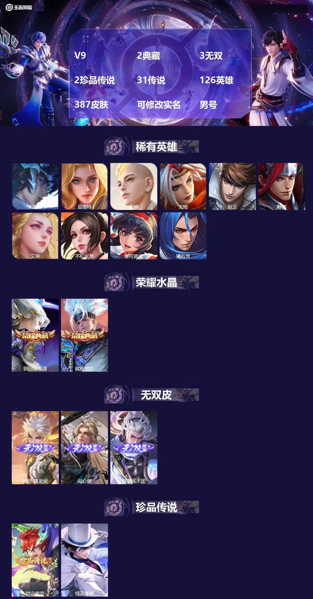 王者荣耀账号安卓QQ[]V9 2典藏 3无双 2珍品传说 31传说 126英雄 387皮肤 可修改实名 男号 
【英雄全