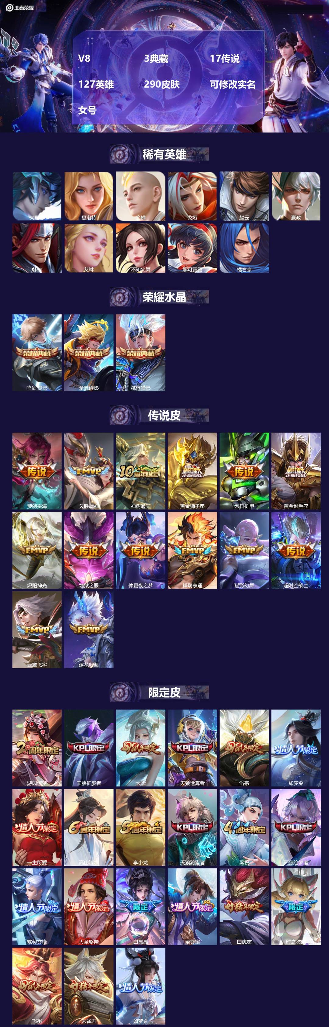 王者荣耀账号安卓QQ[18122949]V8 3典藏 17传说 127英雄 290皮肤 可修改实名 女号 
【英雄全皮】