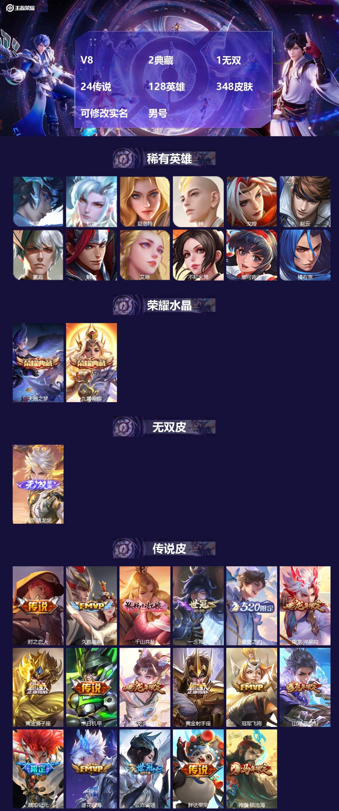 王者荣耀账号安卓QQ[18123612]V8 2典藏 1无双 24传说 128英雄 348皮肤 可修改实名 男号 
【英