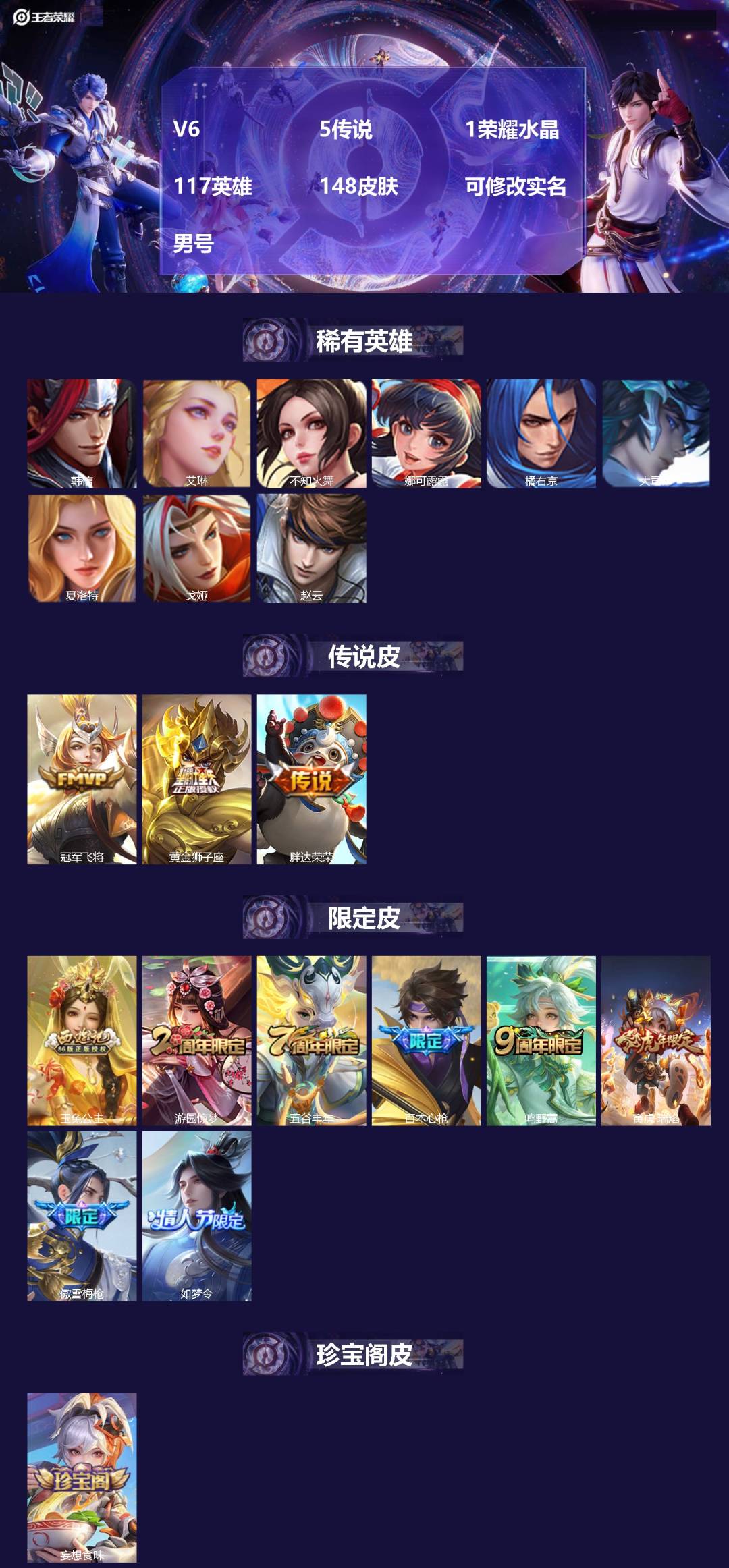 王者荣耀账号安卓VX[18124197]V6 5传说 1荣耀水晶 117英雄 148皮肤 可修改实名 男号 
【英雄全皮