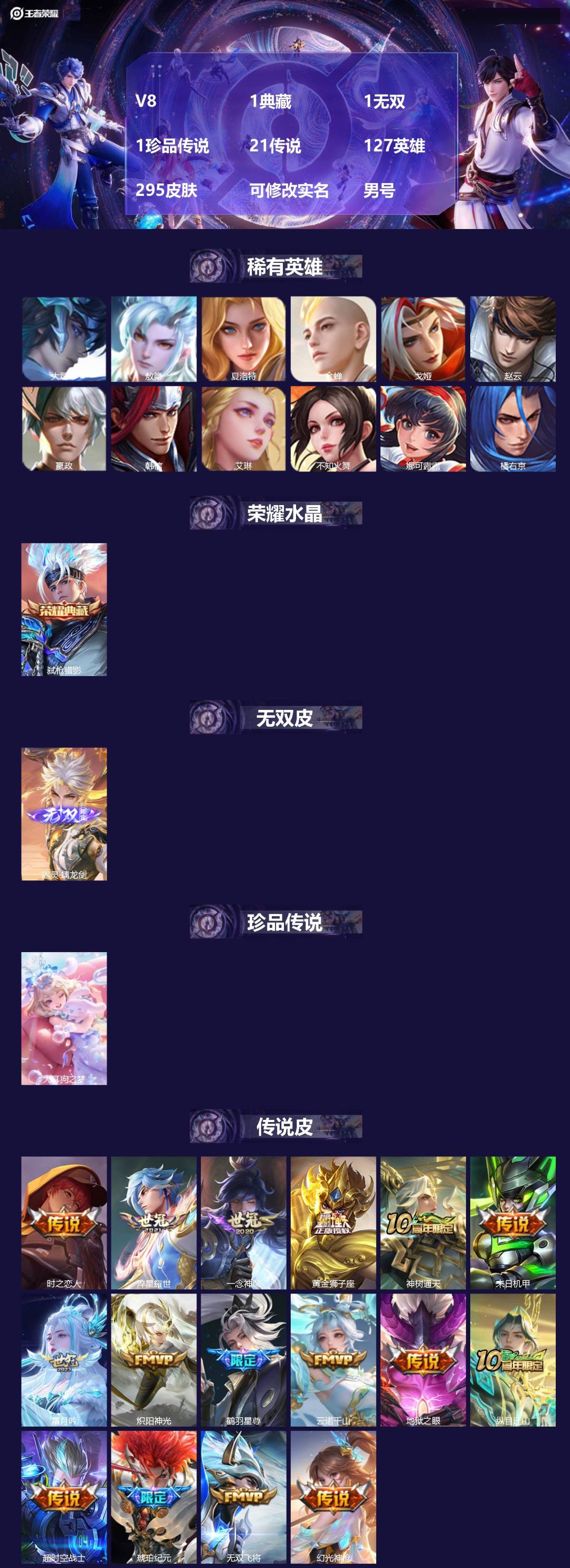 王者荣耀账号苹果QQ[18139127]V8 1典藏 1无双 1珍品传说 21传说 127英雄 295皮肤 可修改实名 