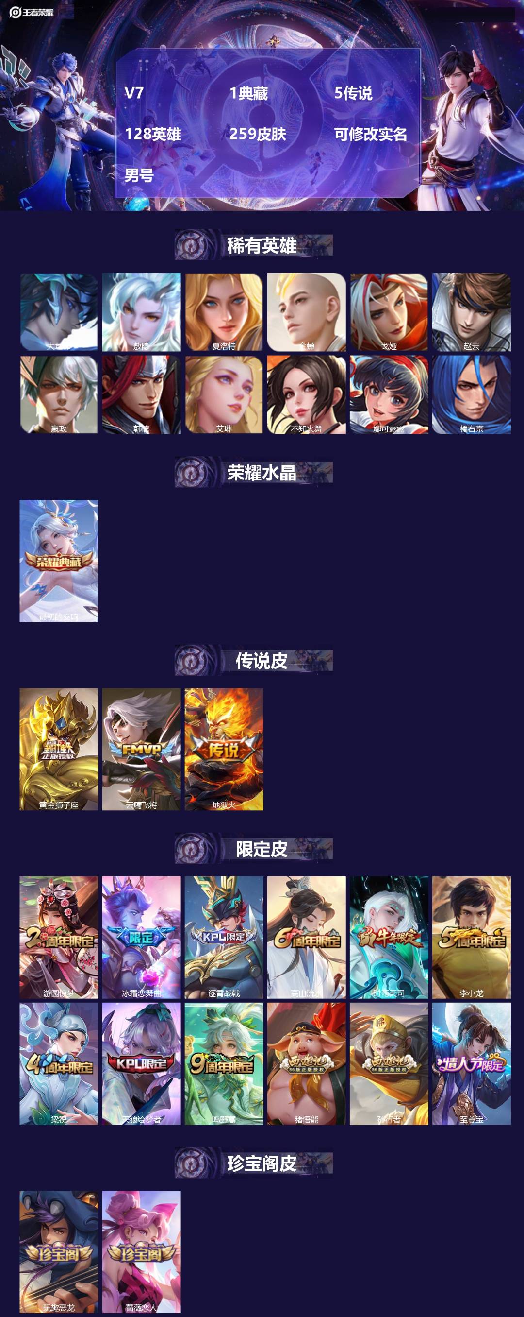 王者荣耀账号安卓QQ[18149424]V7 1典藏 5传说 128英雄 259皮肤 可修改实名 男号 
【英雄全皮】猪