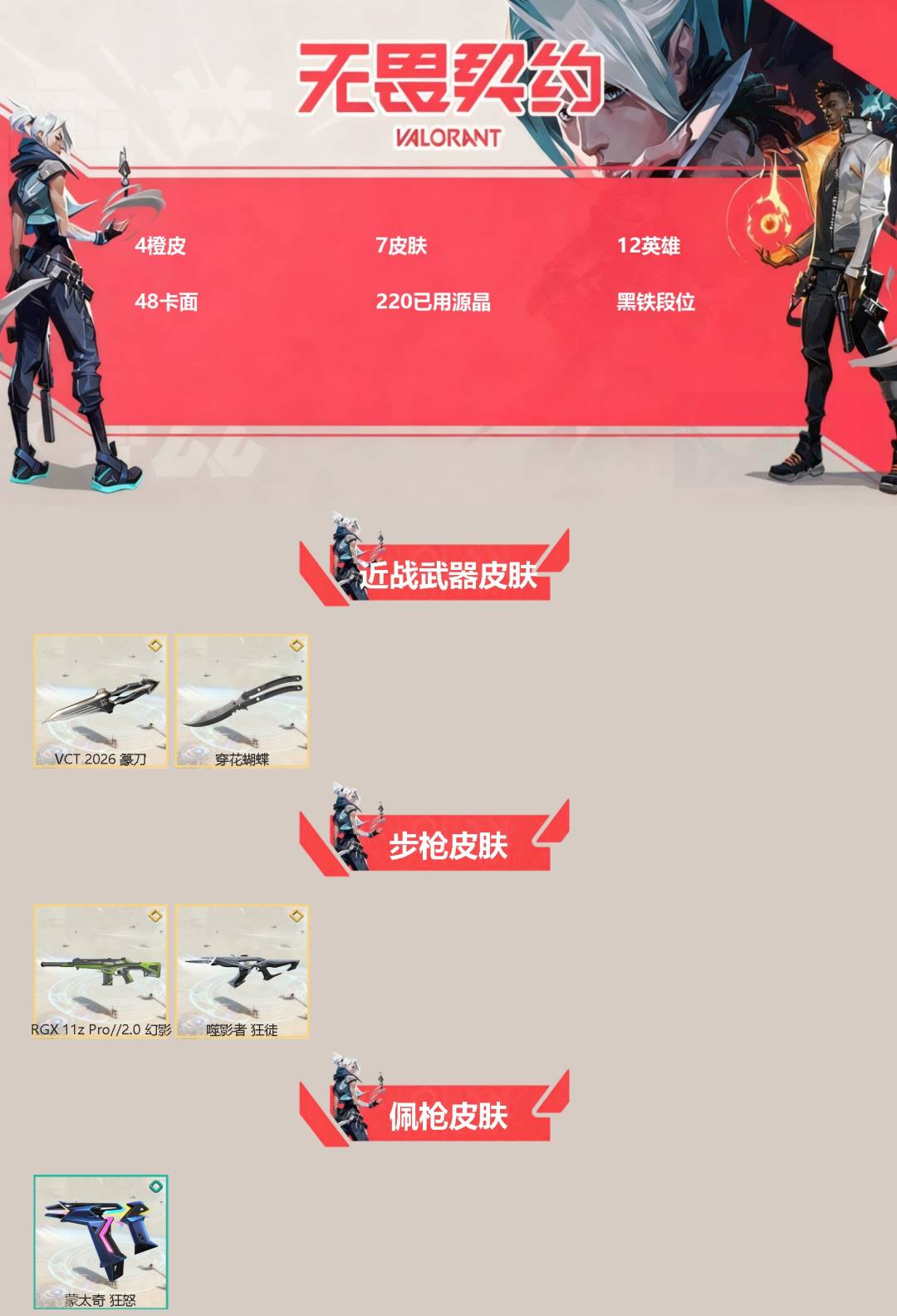 无畏契约账号QQ[]4橙皮 7皮肤 12英雄 48卡面 220已用源晶 黑铁段位 
【近战武器皮肤】穿花蝴蝶,VCT