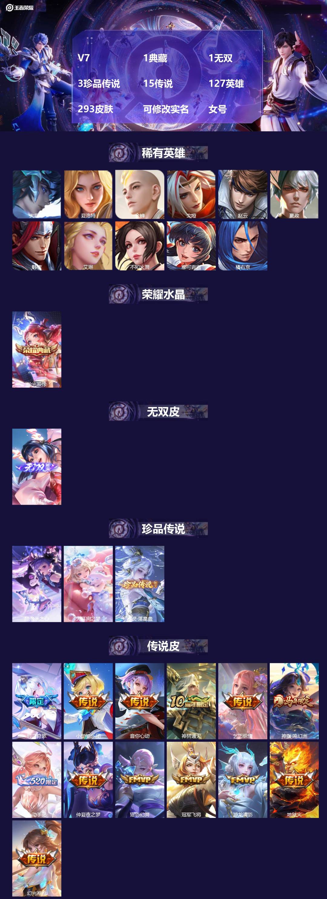 王者荣耀账号安卓QQV7 1典藏 1无双 3珍品传说 15传说 127英雄 293皮肤 可修改实名 女号 
【英雄全皮】