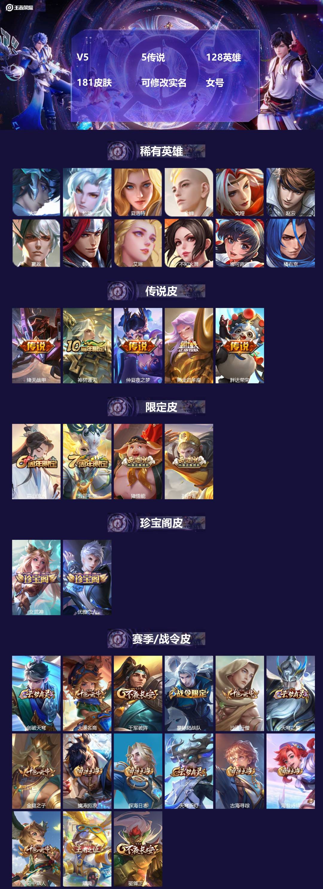 王者荣耀账号安卓QQ[]V5 5传说 128英雄 181皮肤 可修改实名 女号 
【英雄全皮】敖隐全皮,大禹全皮
【稀有