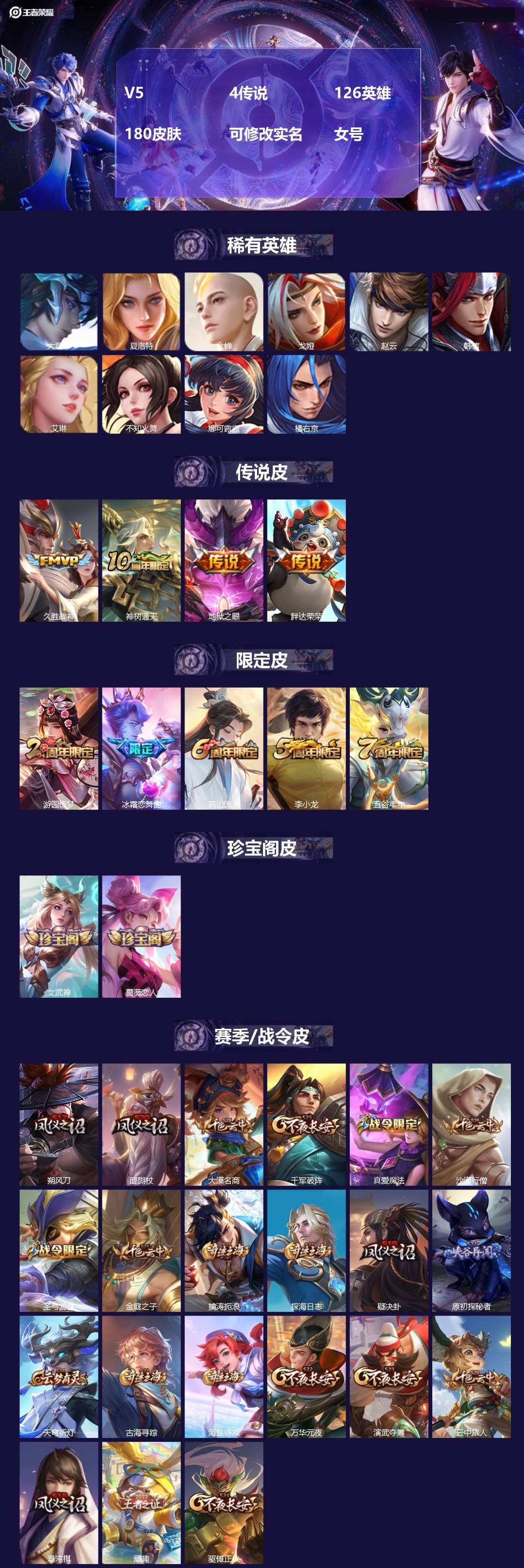 王者荣耀账号安卓QQ[18154783]V5 4传说 126英雄 180皮肤 可修改实名 女号 
【英雄全皮】孙权全皮,