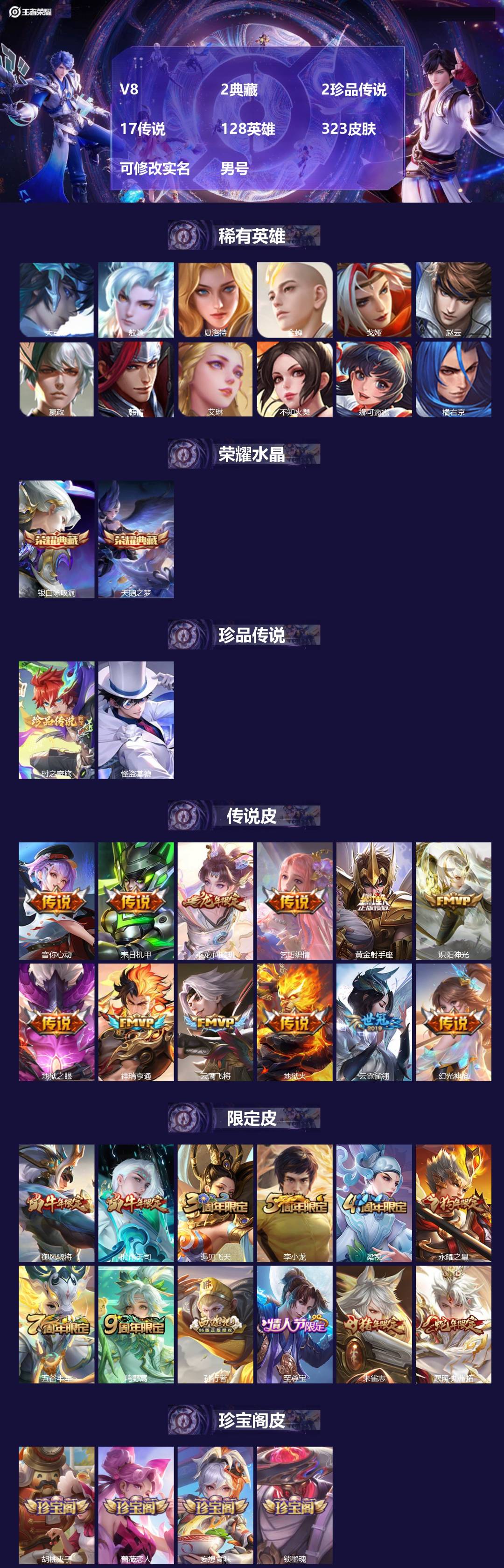 王者荣耀账号苹果QQ[18158740]V8 2典藏 2珍品传说 17传说 128英雄 323皮肤 可修改实名 男号 
