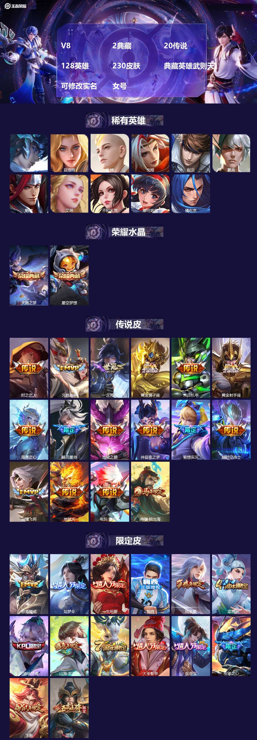 王者荣耀账号苹果QQ[]V8 2典藏 20传说 128英雄 230皮肤 典藏英雄武则天 可修改实名 女号 
【英雄全皮】