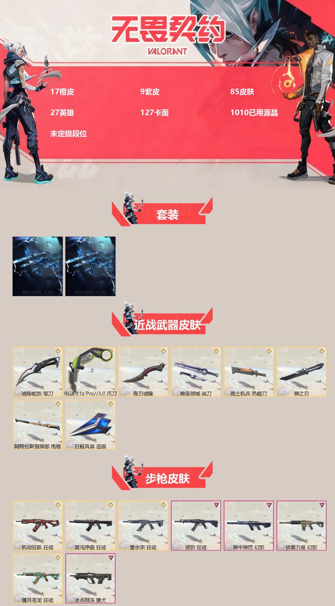 无畏契约账号QQ[]17橙皮 9紫皮 85皮肤 27英雄 127卡面 1010已用源晶 未定级段位 
【套装】神罚套