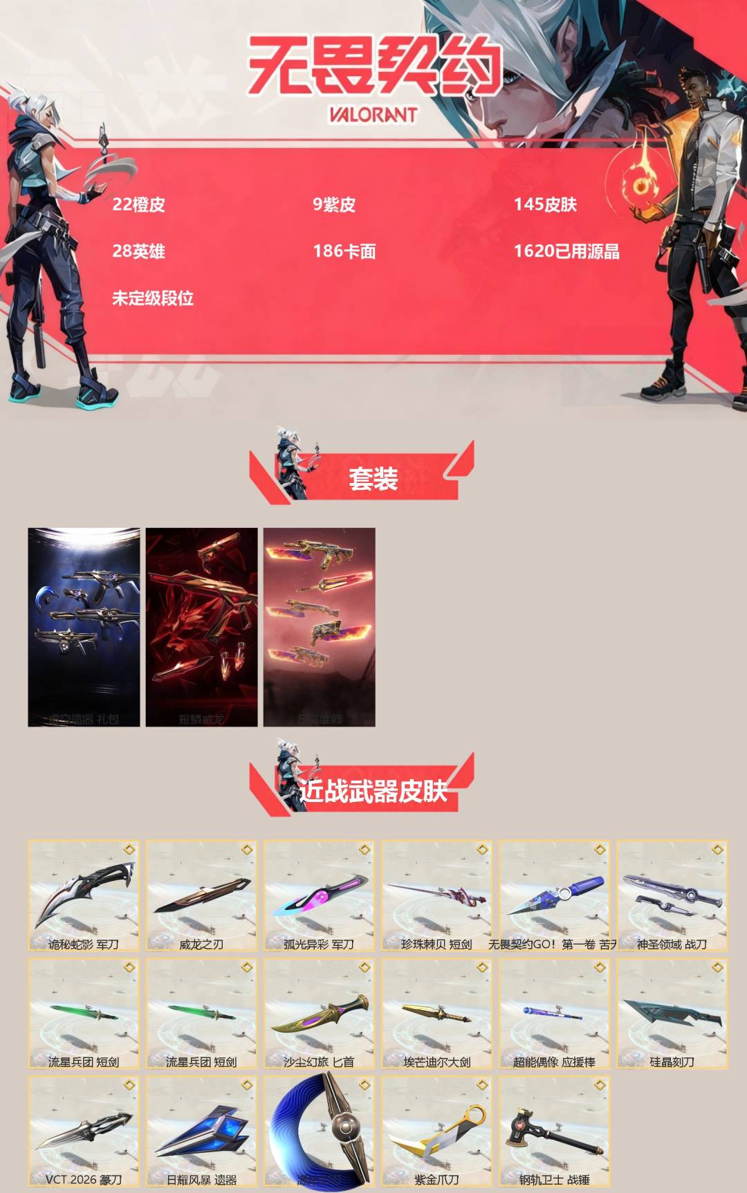 无畏契约账号QQ[]22橙皮 9紫皮 145皮肤 28英雄 186卡面 1620已用源晶 未定级段位 
【套装】虚空