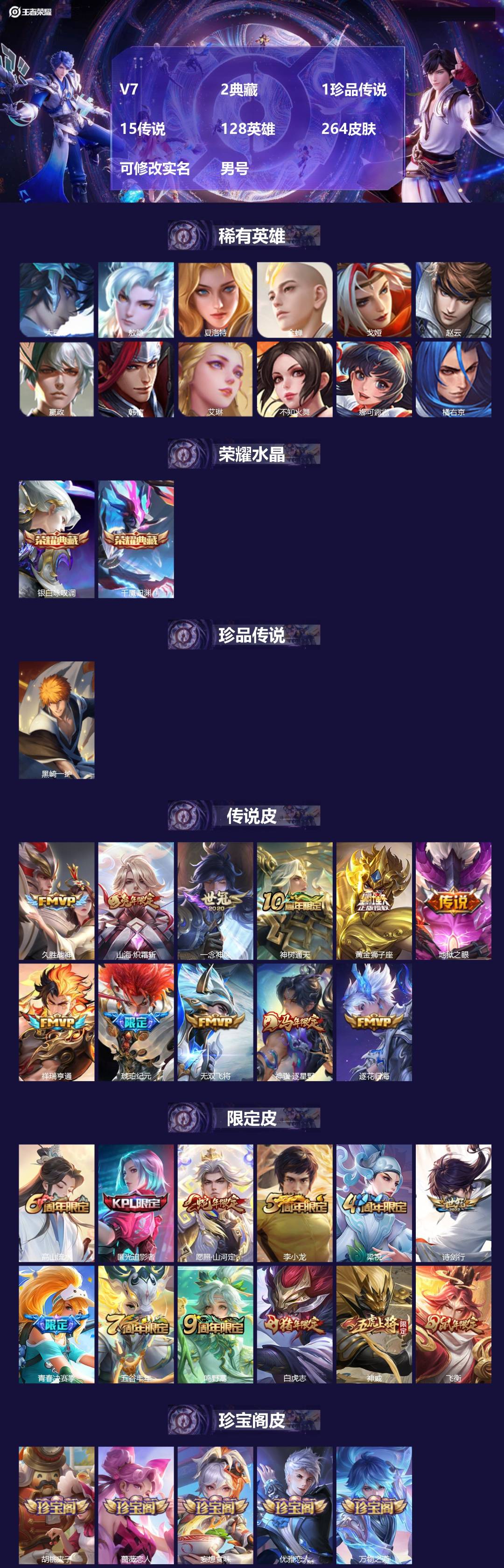 王者荣耀账号安卓QQ[18159188]V7 2典藏 1珍品传说 15传说 128英雄 264皮肤 可修改实名 男号 
