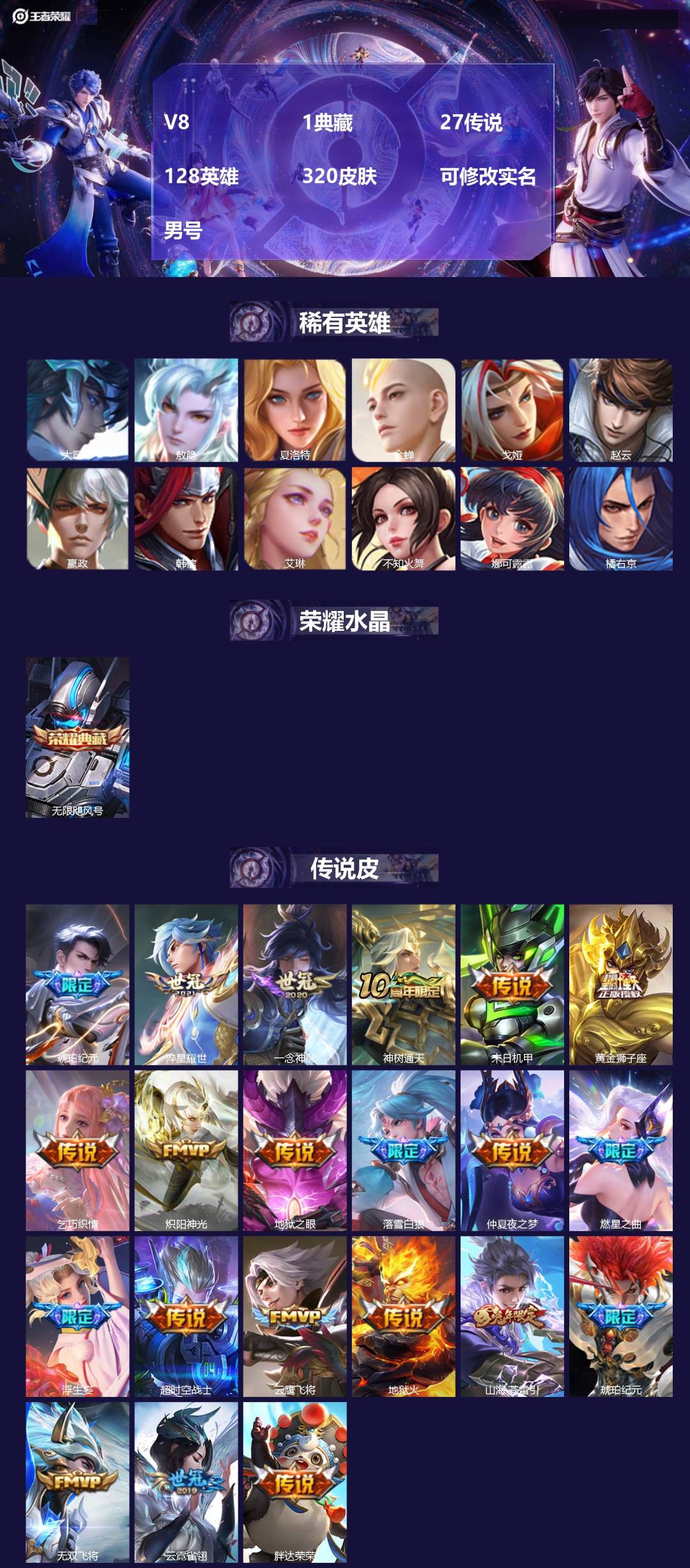 王者荣耀账号安卓QQ[18159770]V8 1典藏 27传说 128英雄 320皮肤 可修改实名 男号 
【英雄全皮】