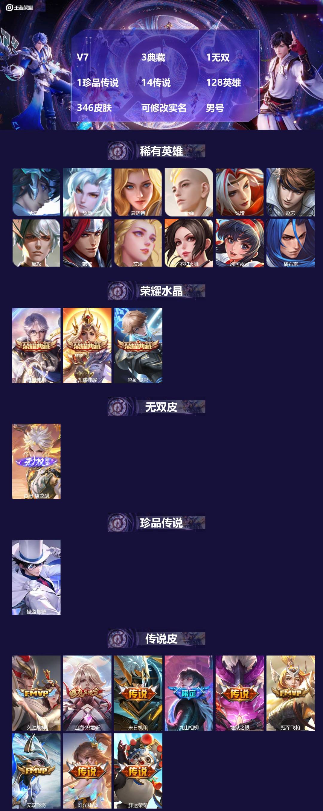 王者荣耀账号苹果QQV7 3典藏 1无双 1珍品传说 14传说 128英雄 346皮肤 可修改实名 男号 
【英雄全皮】