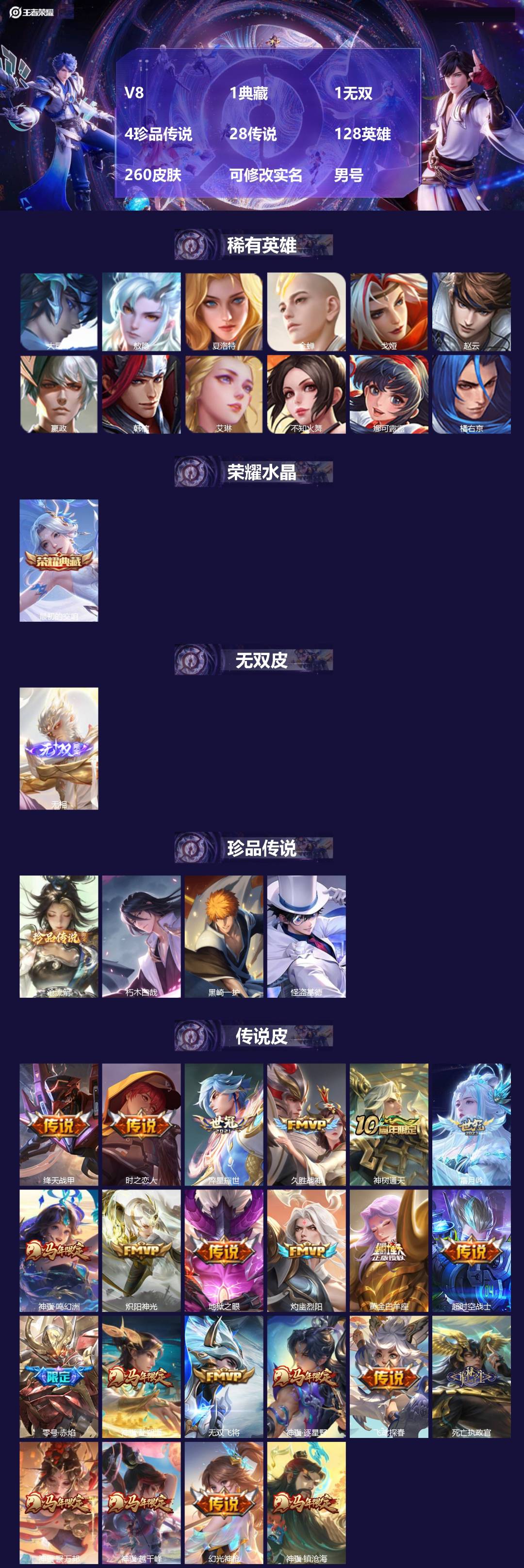 王者荣耀账号安卓VX[18166184]V8 1典藏 1无双 4珍品传说 28传说 128英雄 260皮肤 可修改实名 