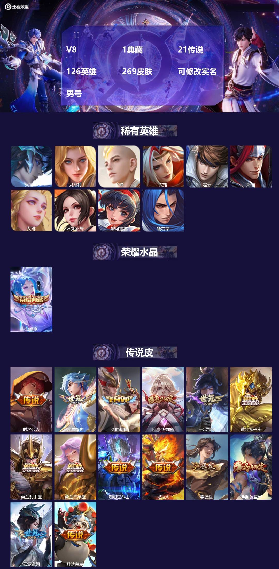 王者荣耀账号安卓QQ[18167162]V8 1典藏 21传说 126英雄 269皮肤 可修改实名 男号 
【英雄全皮】