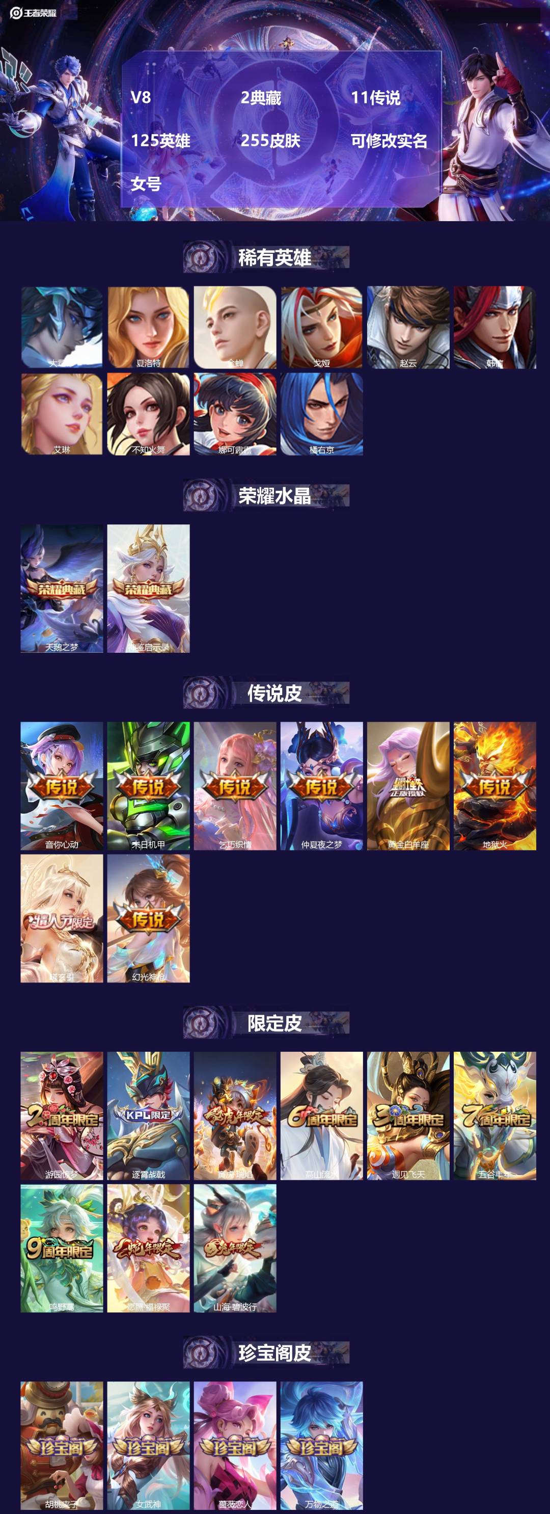 王者荣耀账号苹果QQ[18167428]V8 2典藏 11传说 125英雄 255皮肤 可修改实名 女号 
【英雄全皮】