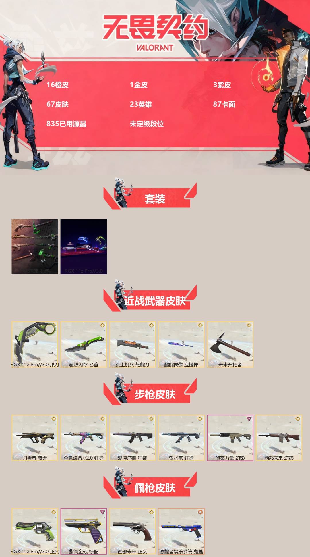 无畏契约账号QQ[]16橙皮 1金皮 3紫皮 67皮肤 23英雄 87卡面 835已用源晶 未定级段位 
【套装】西