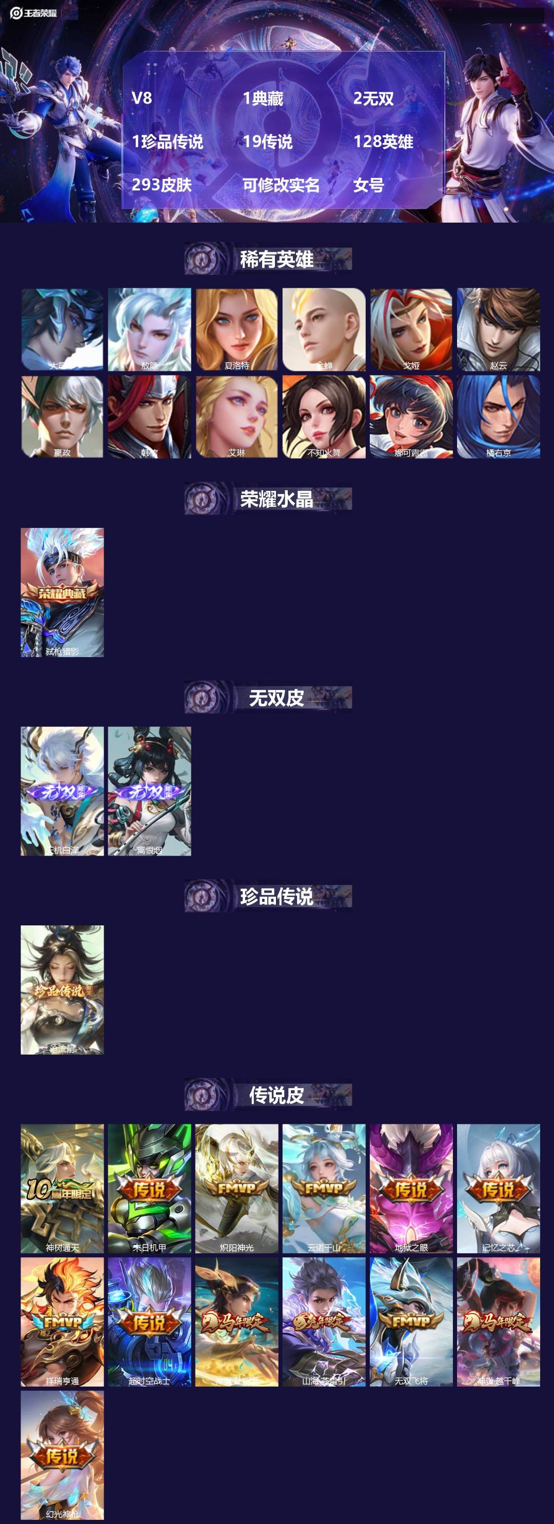 王者荣耀账号安卓QQ[18169686]V8 1典藏 2无双 1珍品传说 19传说 128英雄 293皮肤 可修改实名 