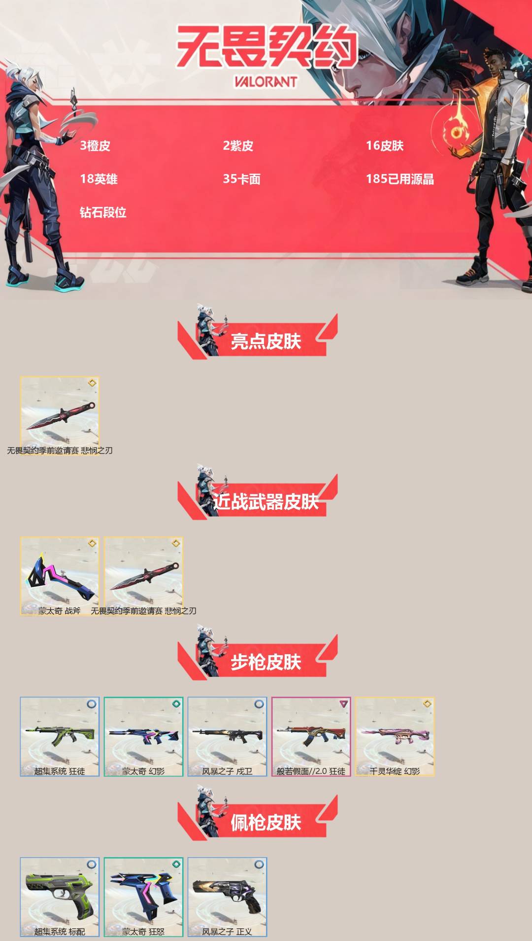 无畏契约账号QQ[]3橙皮 2紫皮 16皮肤 18英雄 35卡面 185已用源晶 钻石段位 
【亮点皮肤】悲悯之刃
