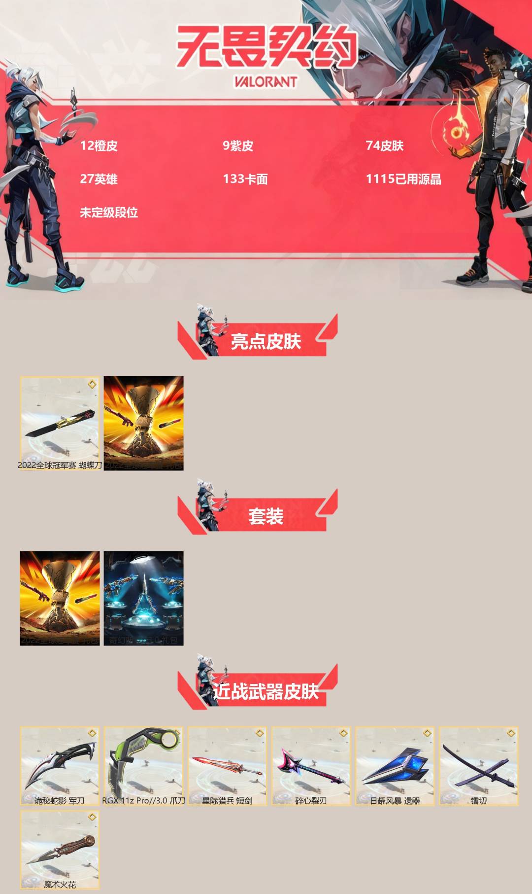 无畏契约账号QQ[]12橙皮 9紫皮 74皮肤 27英雄 133卡面 1115已用源晶 未定级段位 
【亮点皮肤】幻