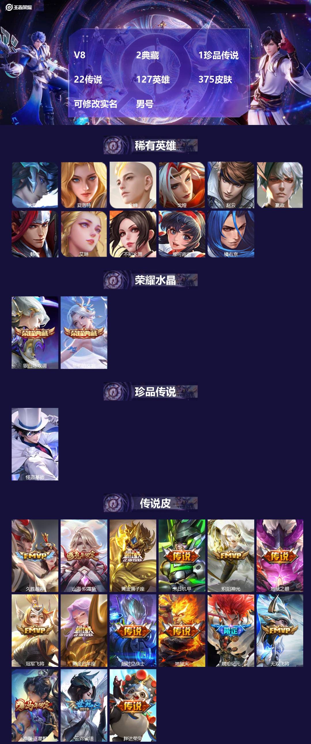 王者荣耀账号安卓QQ[18189907]V8 2典藏 1珍品传说 22传说 127英雄 375皮肤 可修改实名 男号 
