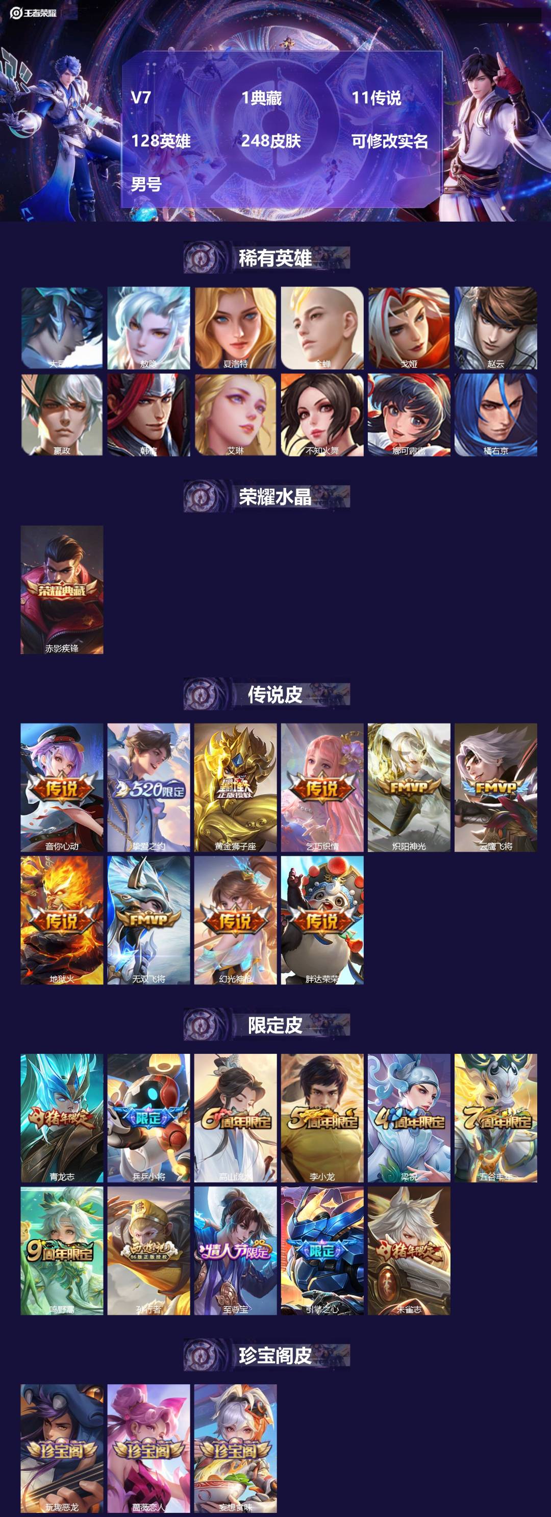 王者荣耀账号苹果QQ[]V7 1典藏 11传说 128英雄 248皮肤 可修改实名 男号 
【英雄全皮】敖隐全皮,蚩奼全