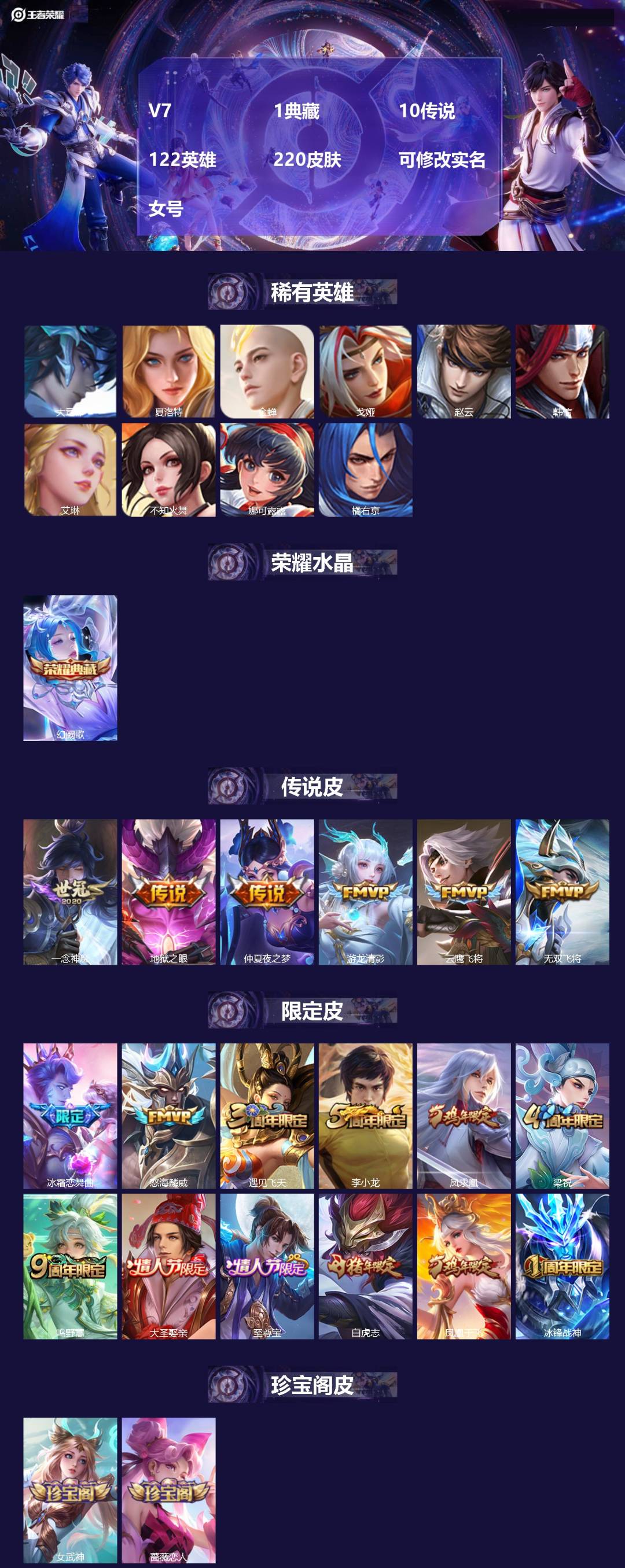 王者荣耀账号苹果QQ[18196739]V7 1典藏 10传说 122英雄 220皮肤 可修改实名 女号 
【稀有英雄】