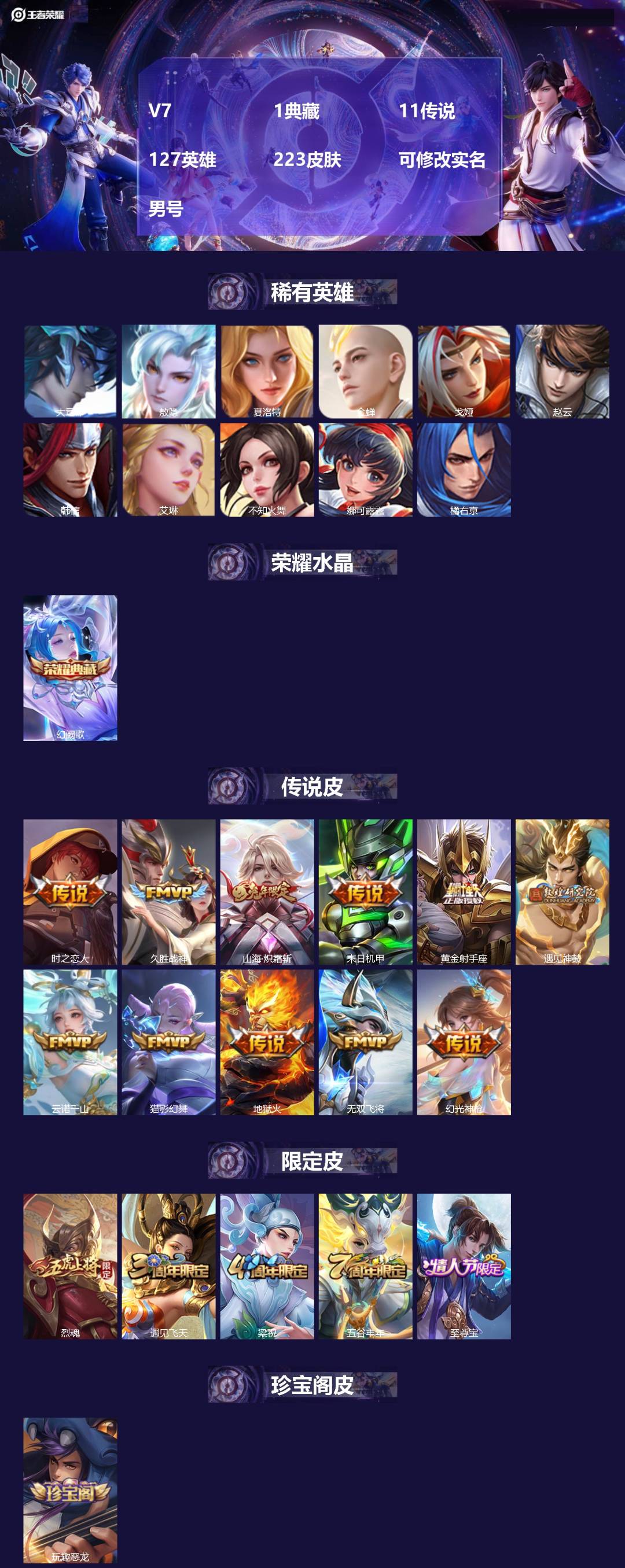 王者荣耀账号苹果QQ[18197604]V7 1典藏 11传说 127英雄 223皮肤 可修改实名 男号 
【英雄全皮】
