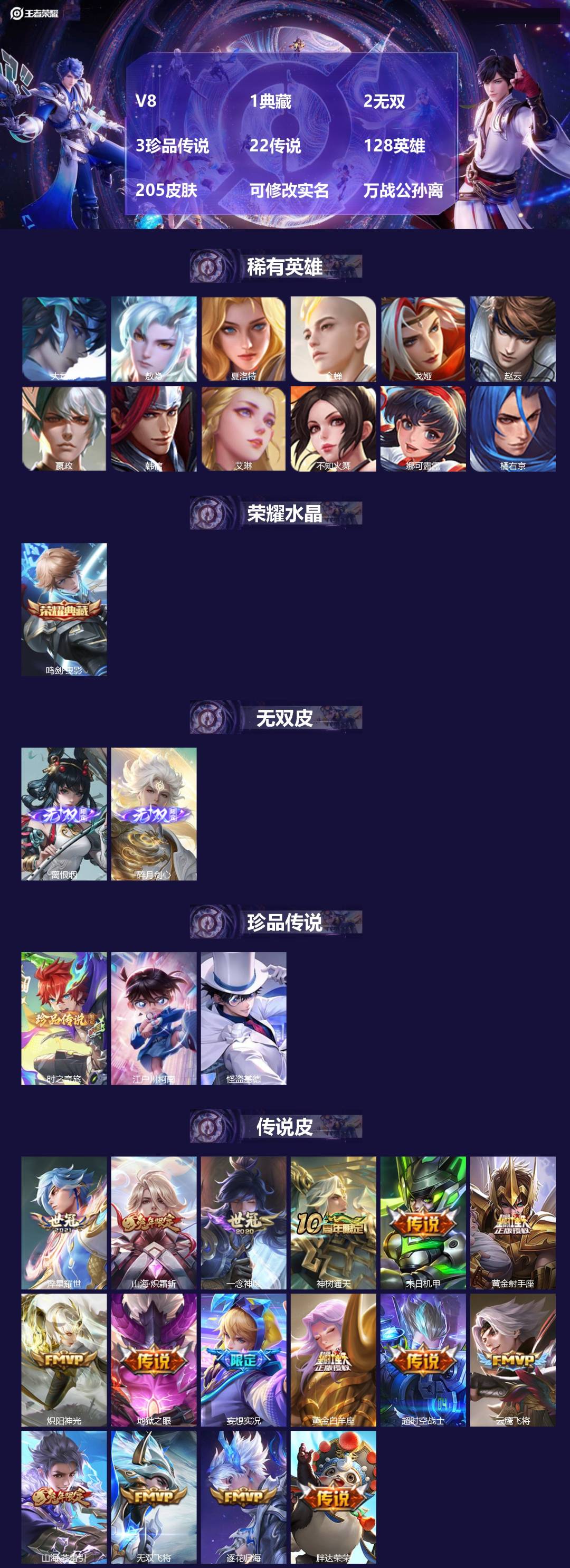 王者荣耀账号苹果QQV8 1典藏 2无双 3珍品传说 22传说 128英雄 205皮肤 可修改实名 万战公孙离
【稀有英