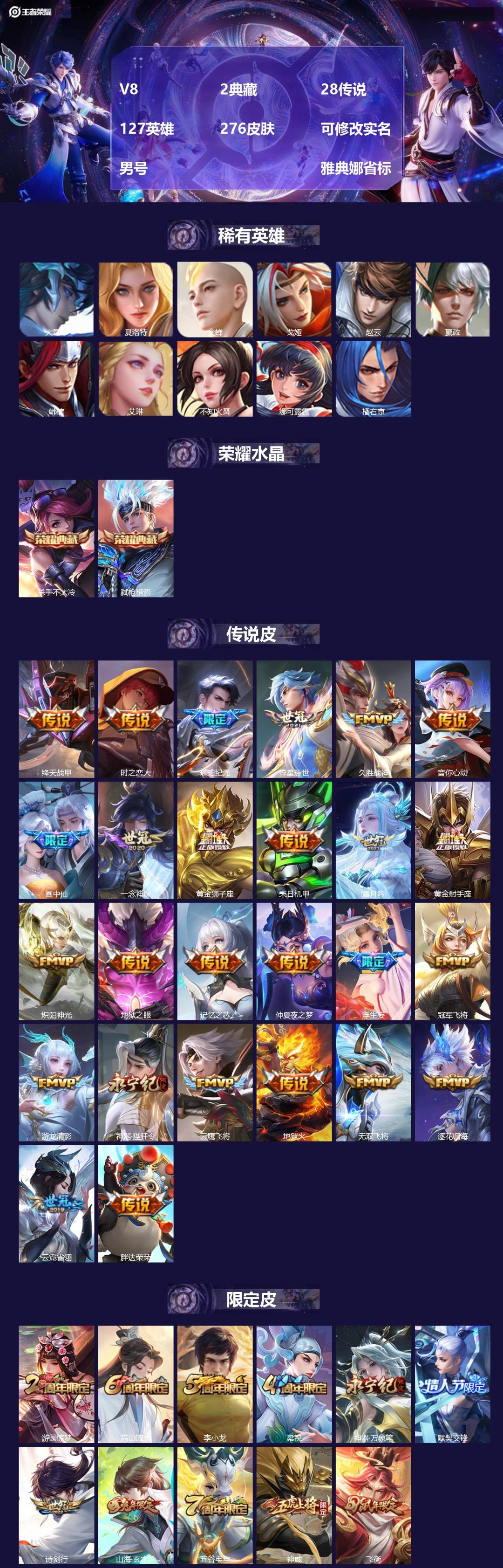 王者荣耀账号苹果QQ[18199664]V8 2典藏 28传说 127英雄 276皮肤 可修改实名 男号  雅典娜省标
