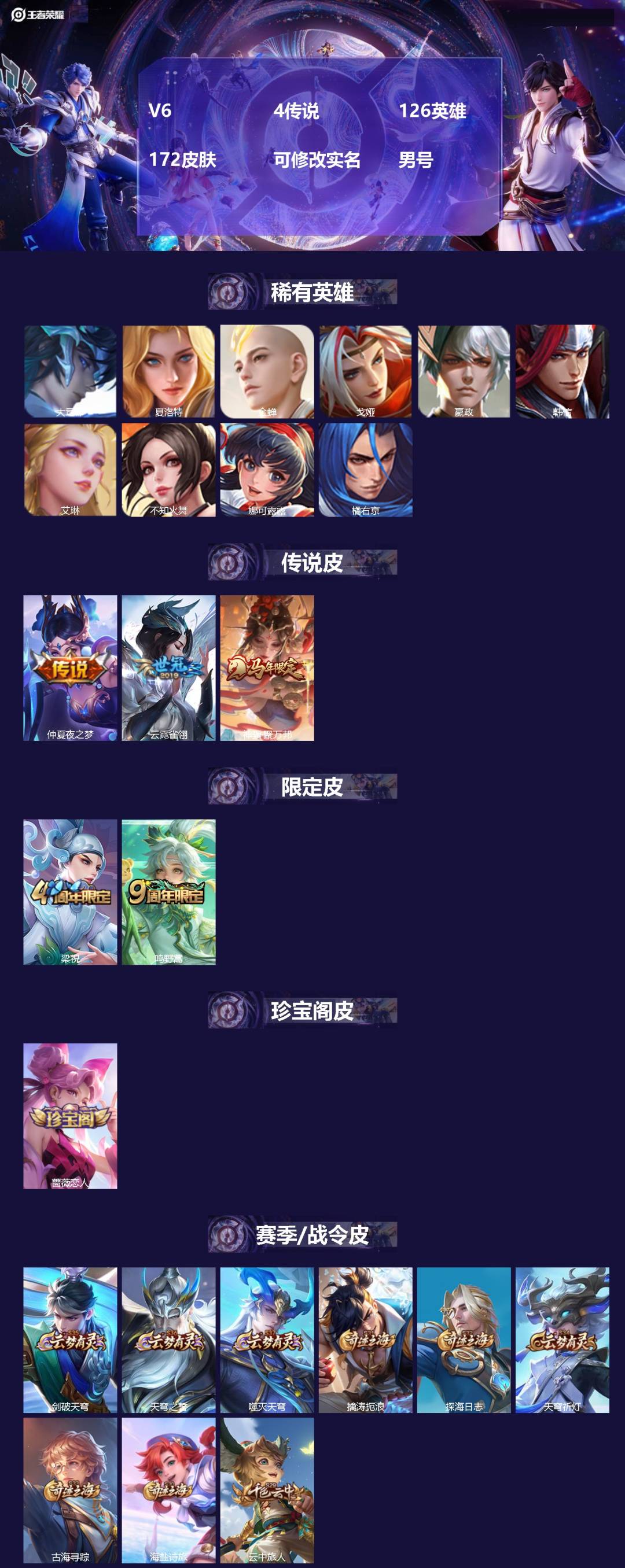 王者荣耀账号安卓QQ[]V6 4传说 126英雄 172皮肤 可修改实名 男号 
【英雄全皮】孙权全皮,蚩奼全皮,大禹全