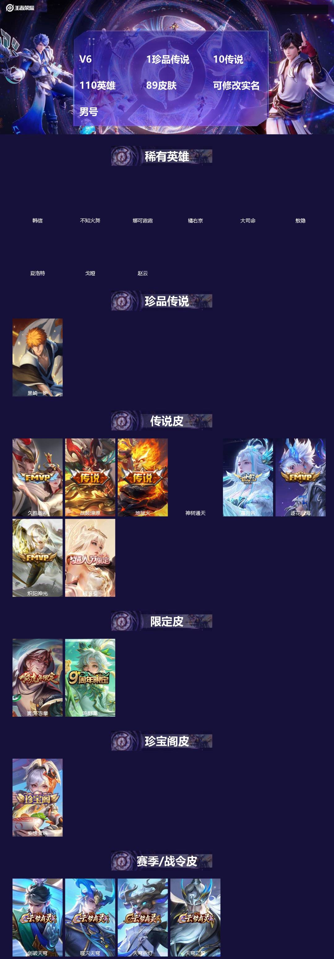 王者荣耀账号苹果QQ[]V6 1珍品传说 10传说 110英雄 89皮肤 可修改实名 男号 
【稀有英雄】敖隐(小龙人)