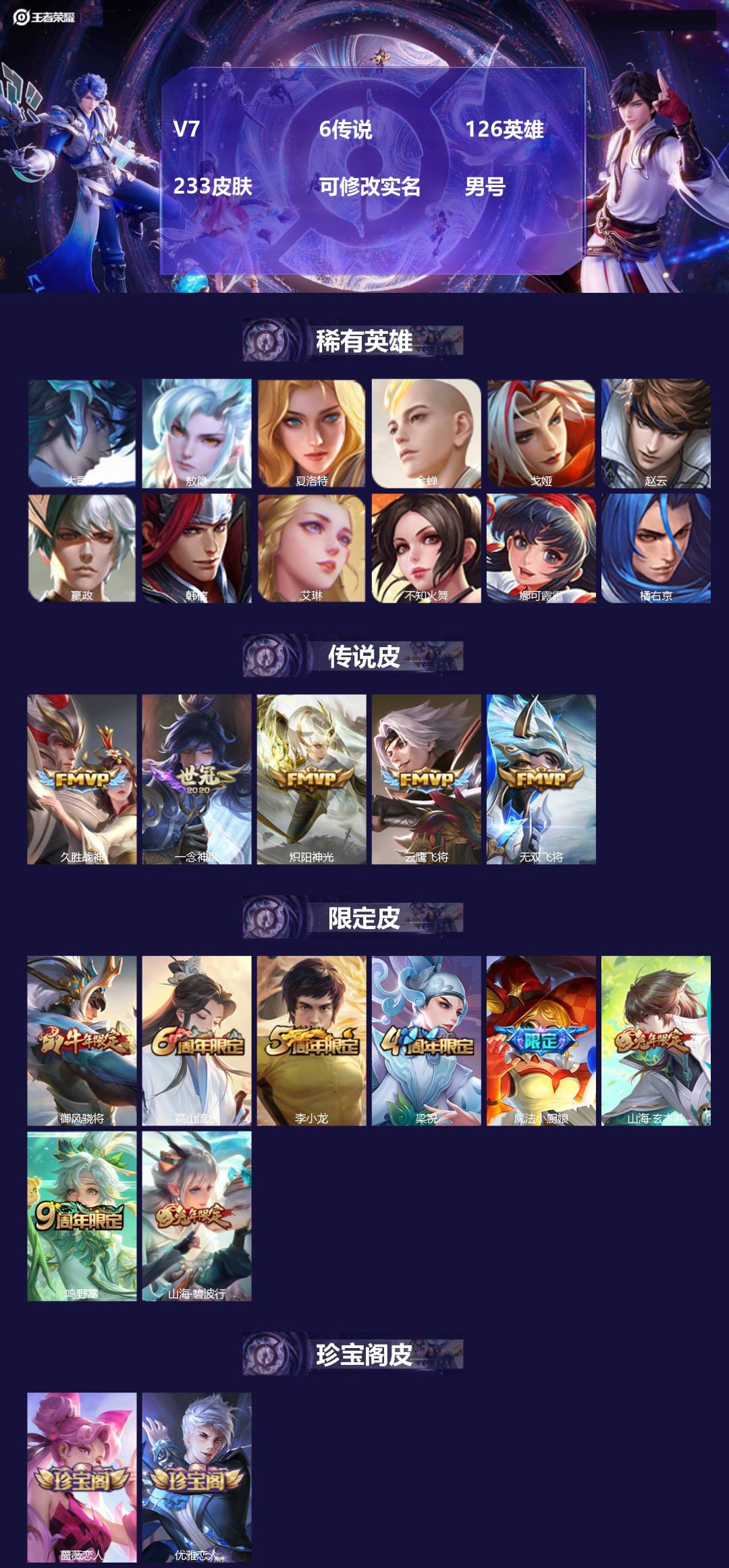 王者荣耀账号苹果QQ[18237700]V7 6传说 126英雄 233皮肤 可修改实名 男号 
【稀有英雄】敖隐(小龙