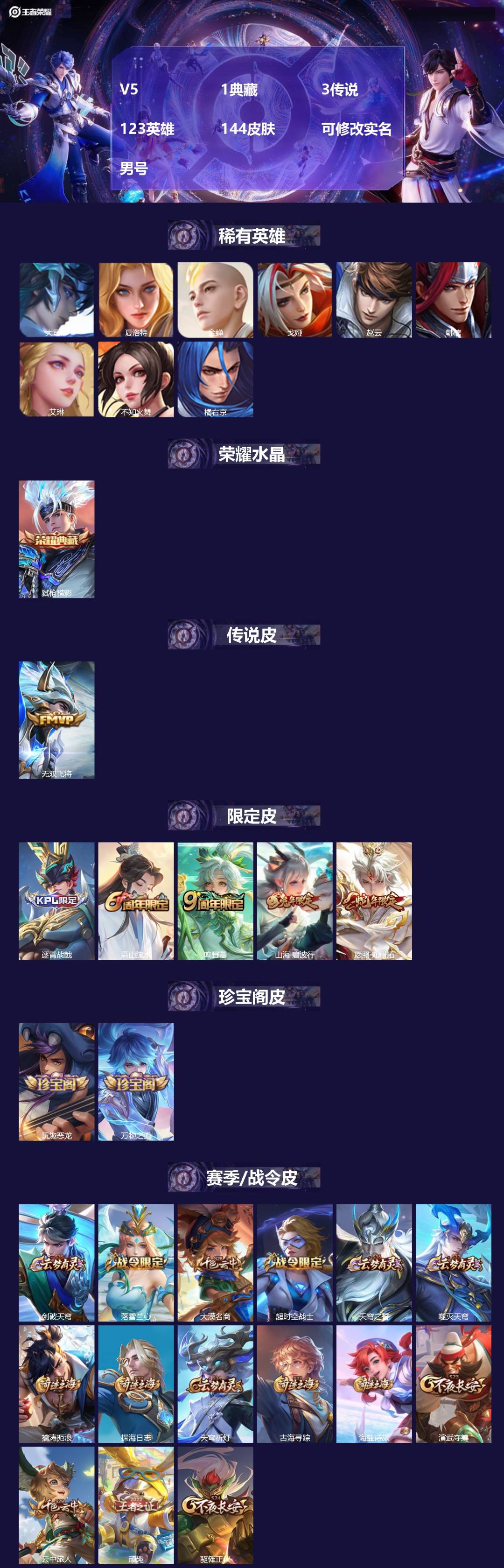 王者荣耀账号安卓QQ[]V5 1典藏 3传说 123英雄 144皮肤 可修改实名 男号 
【稀有英雄】大司命,韩信(韩跳