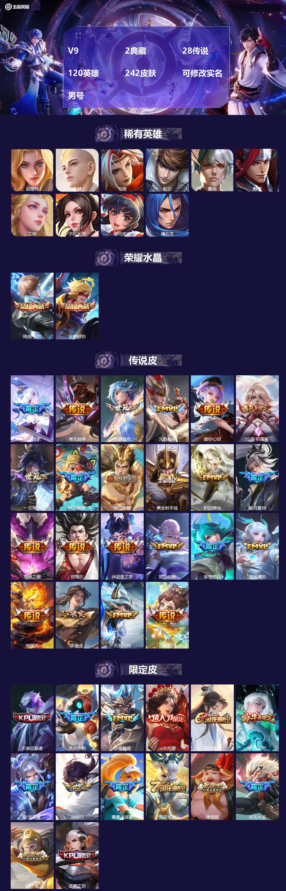 王者荣耀账号安卓QQ[18240342]V9 2典藏 28传说 120英雄 242皮肤 可修改实名 男号 
【稀有英雄】