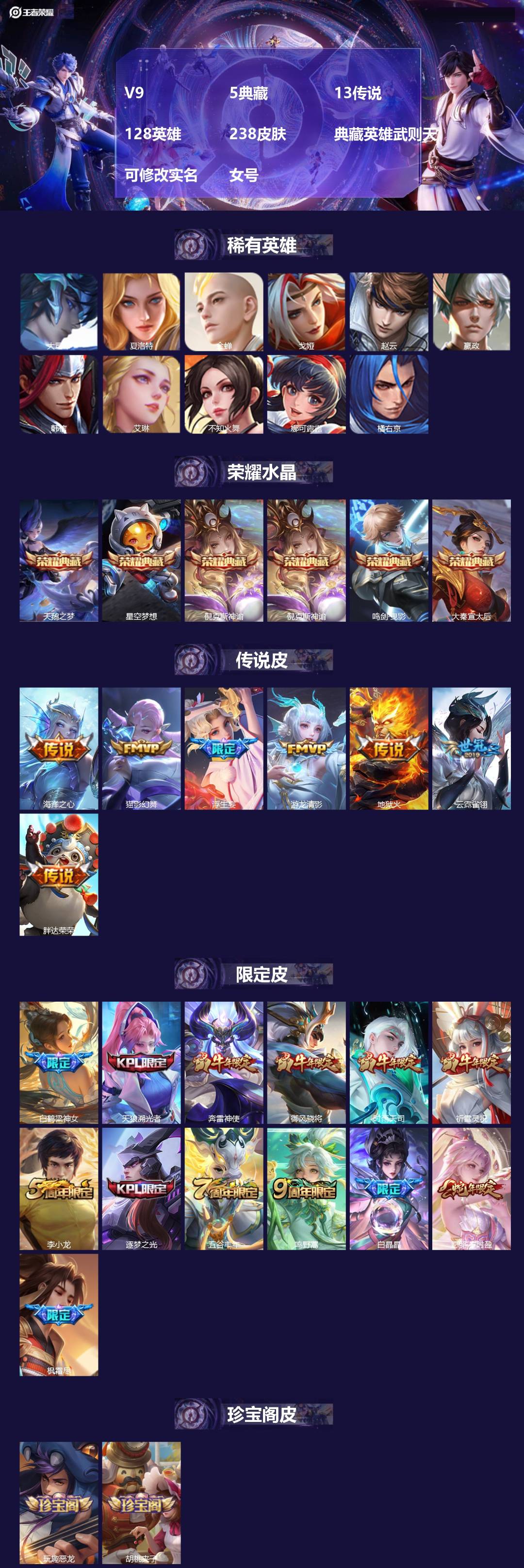 王者荣耀账号安卓QQ[18240775]V9 5典藏 13传说 128英雄 238皮肤 典藏英雄武则天 可修改实名 女号