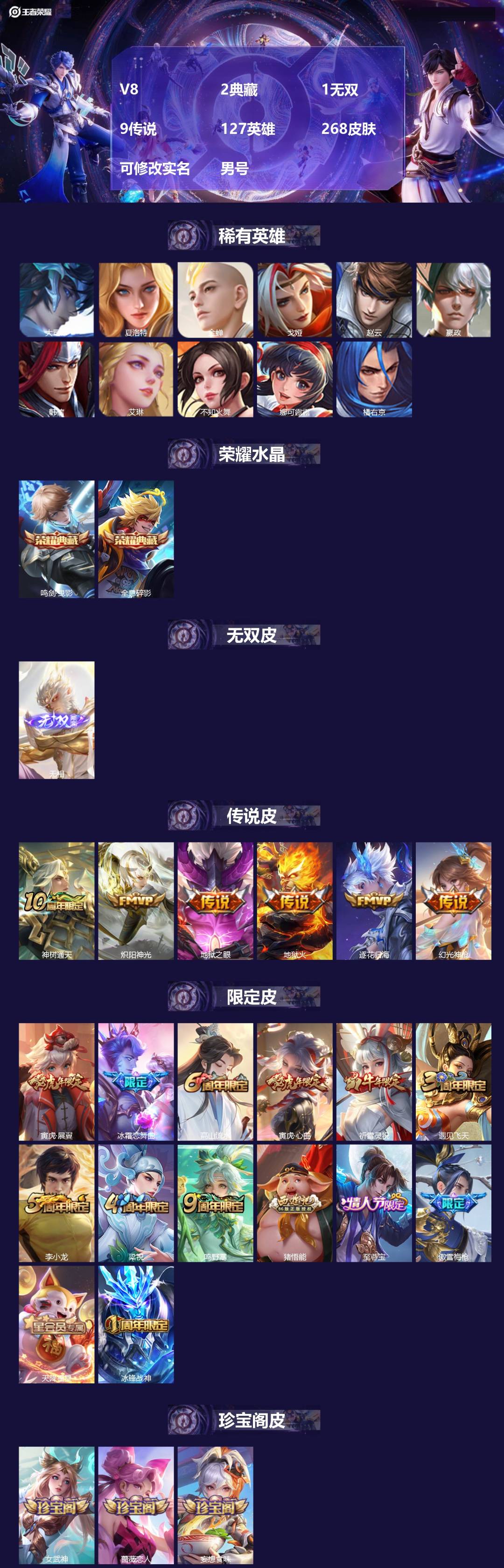 王者荣耀账号苹果QQ[]V8 2典藏 1无双 9传说 127英雄 268皮肤 可修改实名 
【英雄全皮】大禹全皮 
【稀