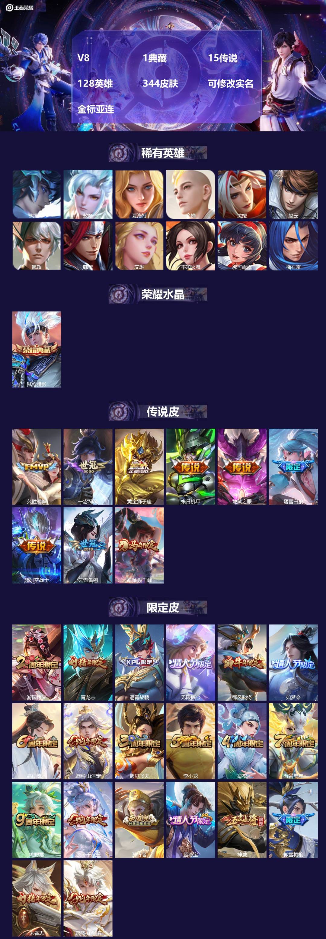 王者荣耀账号苹果QQ[18244254]V8 1典藏 15传说 128英雄 344皮肤 可修改实名 金标亚连
【英雄全皮